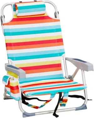Folding Beach Chair with 5-Position, Portable Reclining Outdoor Camping Chair with Headrest, Cup Holders, Towel Bar, Shoulder Strap, Lightweight Chairs for Adults, Rainbow