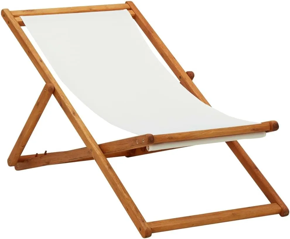 Folding Beach Chair with Eucalyptus Wood Frame and Cream White Fabric, Adjustable Reclining Lounge Chair for Outdoor, Patio, Pool, and Camping, Lightweight Foldable Design