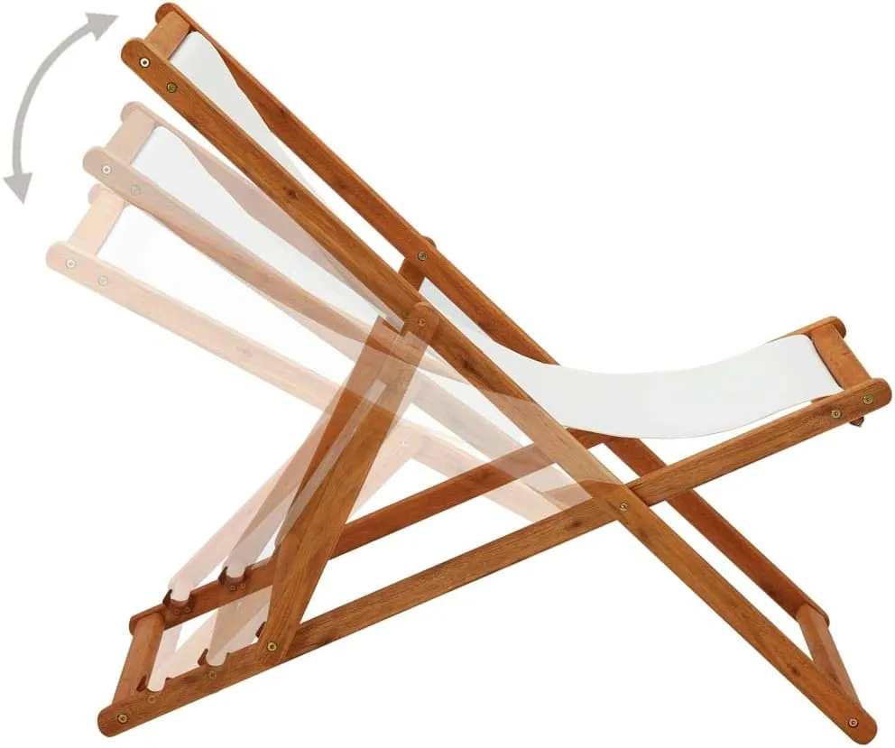 Folding Beach Chair with Eucalyptus Wood Frame and Cream White Fabric, Adjustable Reclining Lounge Chair for Outdoor, Patio, Pool, and Camping, Lightweight Foldable Design