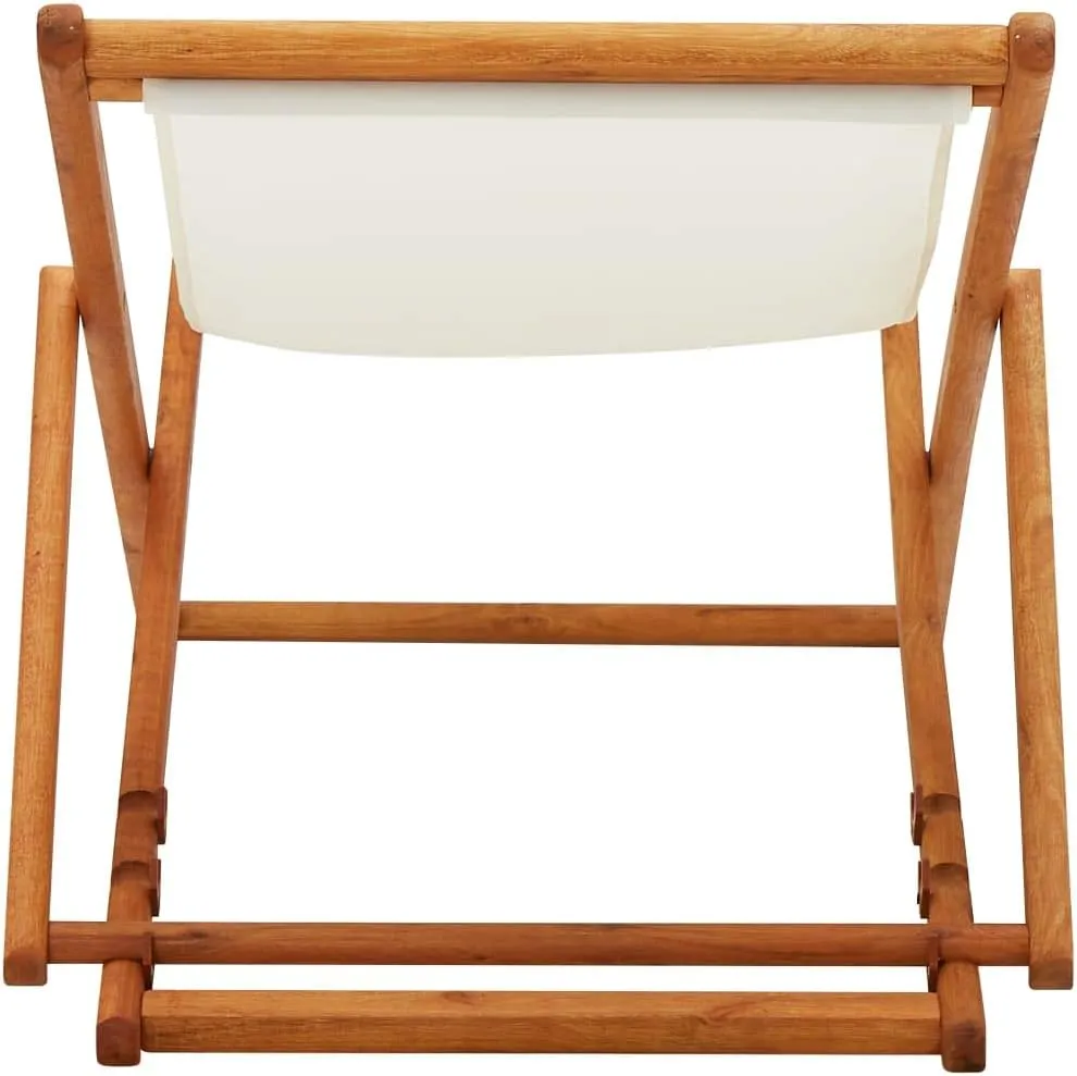 Folding Beach Chair with Eucalyptus Wood Frame and Cream White Fabric, Adjustable Reclining Lounge Chair for Outdoor, Patio, Pool, and Camping, Lightweight Foldable Design