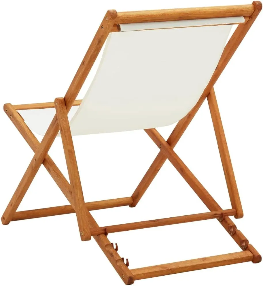 Folding Beach Chair with Eucalyptus Wood Frame and Cream White Fabric, Adjustable Reclining Lounge Chair for Outdoor, Patio, Pool, and Camping, Lightweight Foldable Design