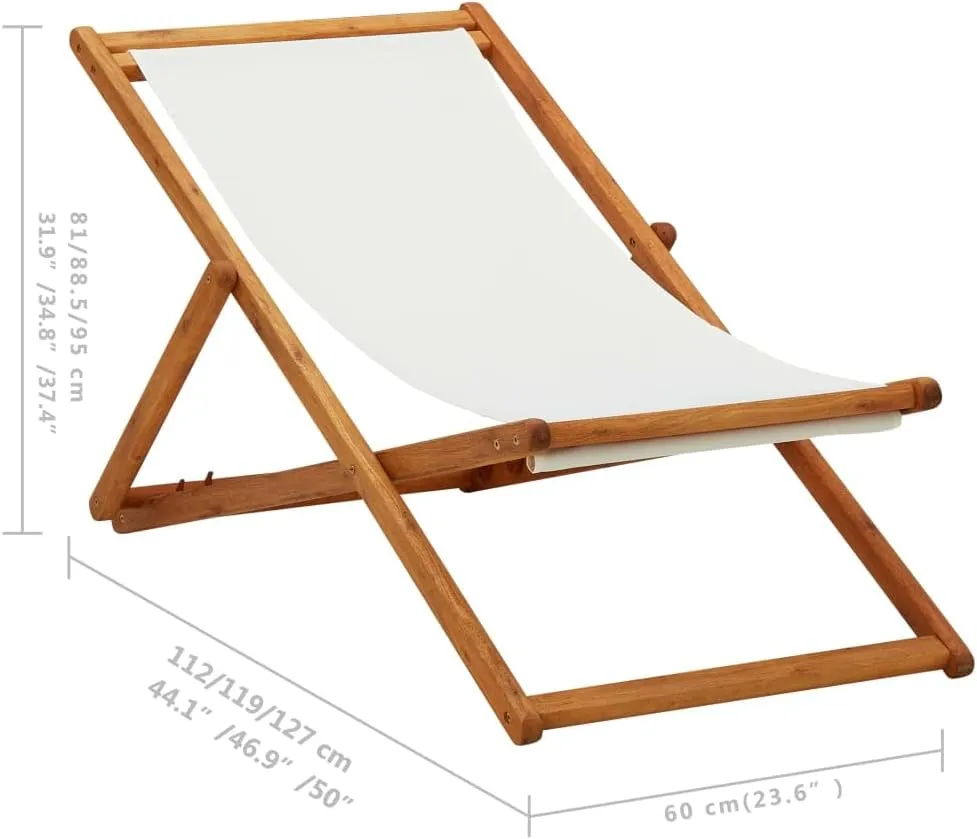 Folding Beach Chair with Eucalyptus Wood Frame and Cream White Fabric, Adjustable Reclining Lounge Chair for Outdoor, Patio, Pool, and Camping, Lightweight Foldable Design
