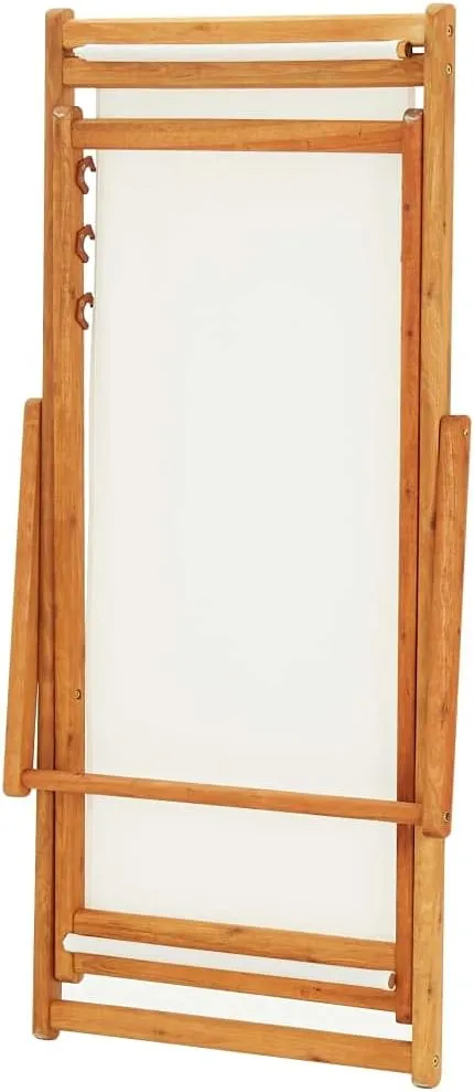 Folding Beach Chair with Eucalyptus Wood Frame and Cream White Fabric, Adjustable Reclining Lounge Chair for Outdoor, Patio, Pool, and Camping, Lightweight Foldable Design