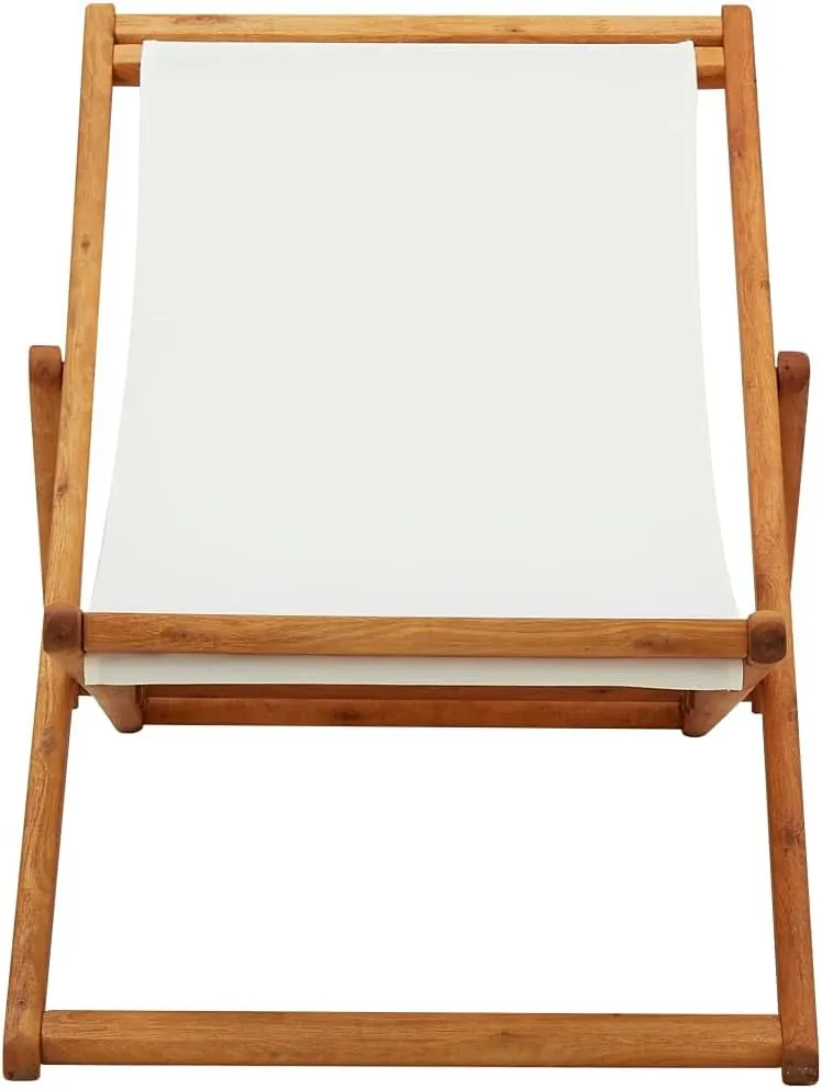 Folding Beach Chair with Eucalyptus Wood Frame and Cream White Fabric, Adjustable Reclining Lounge Chair for Outdoor, Patio, Pool, and Camping, Lightweight Foldable Design