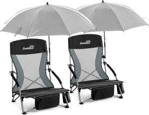 Folding Beach Chair with Umbrella for Adults, 2 Pack Portable Low Beach Chairs with 300lbs Capacity, Lightweight Fodable Camping Chair for Travel, Picnic, Concert & Outdoor Activities, Black-Grey