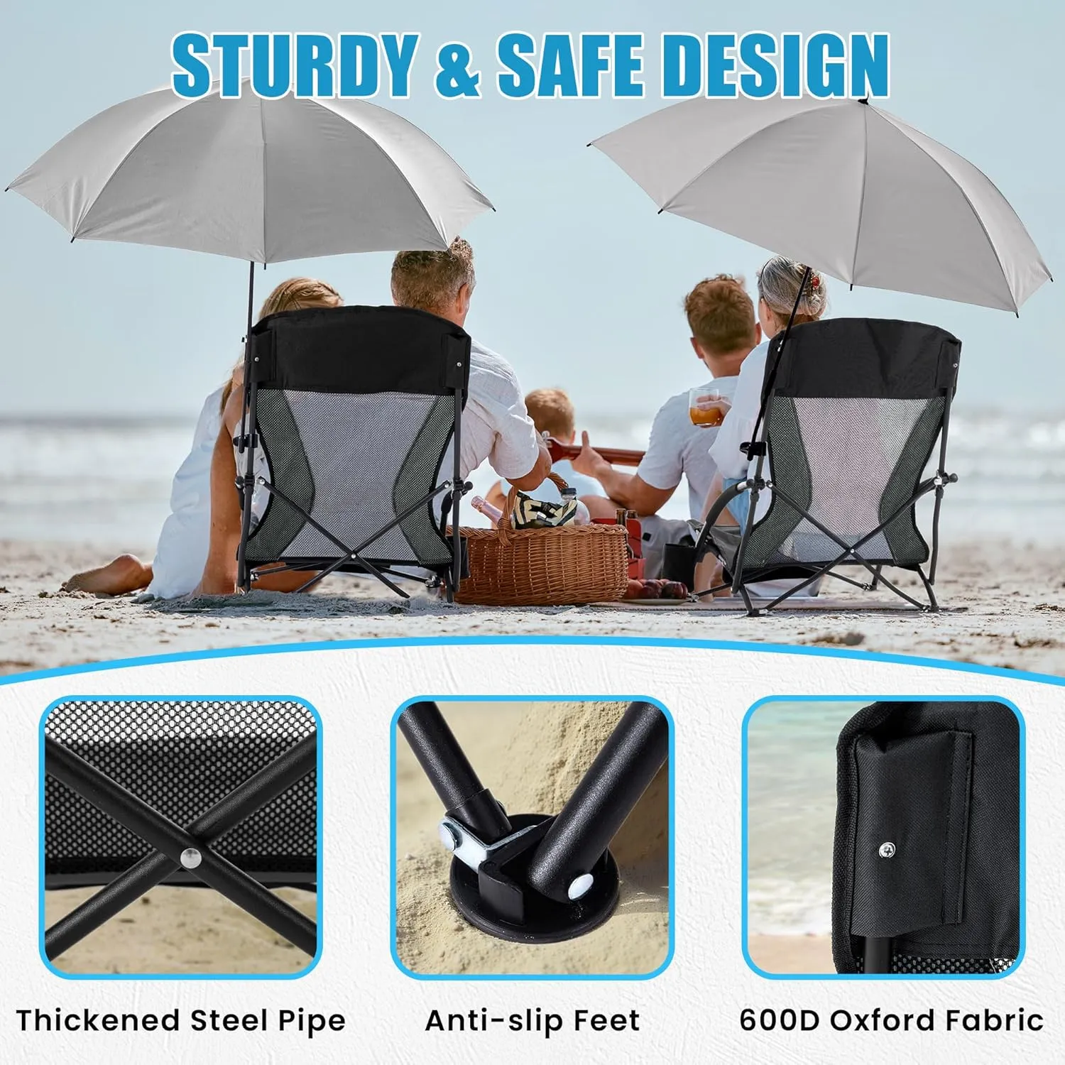 Folding Beach Chair with Umbrella for Adults, 2 Pack Portable Low Beach Chairs with 300lbs Capacity, Lightweight Fodable Camping Chair for Travel, Picnic, Concert & Outdoor Activities, Black-Grey