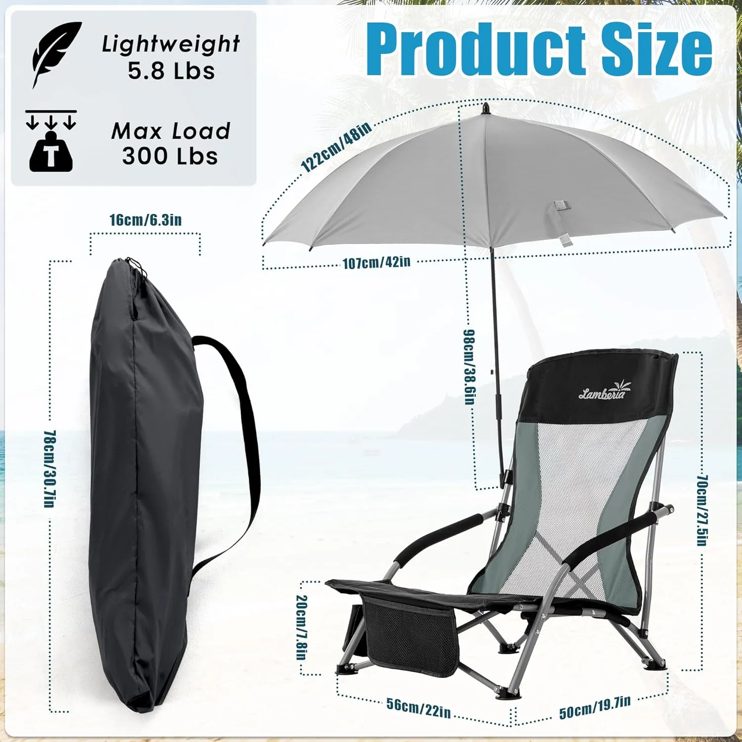 Folding Beach Chair with Umbrella for Adults, 2 Pack Portable Low Beach Chairs with 300lbs Capacity, Lightweight Fodable Camping Chair for Travel, Picnic, Concert & Outdoor Activities, Black-Grey