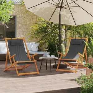 Folding Beach Chairs 2 pcs Gray Fabric,Adjustable Eucalyptus Wood Reclining Beach Chairs for Patio, Camping, and Beach Outdoor Chairs