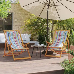 Folding Beach Chairs Set of 2, Multicolor Fabric with Reclining Feature, Solid Eucalyptus Wood Frame
