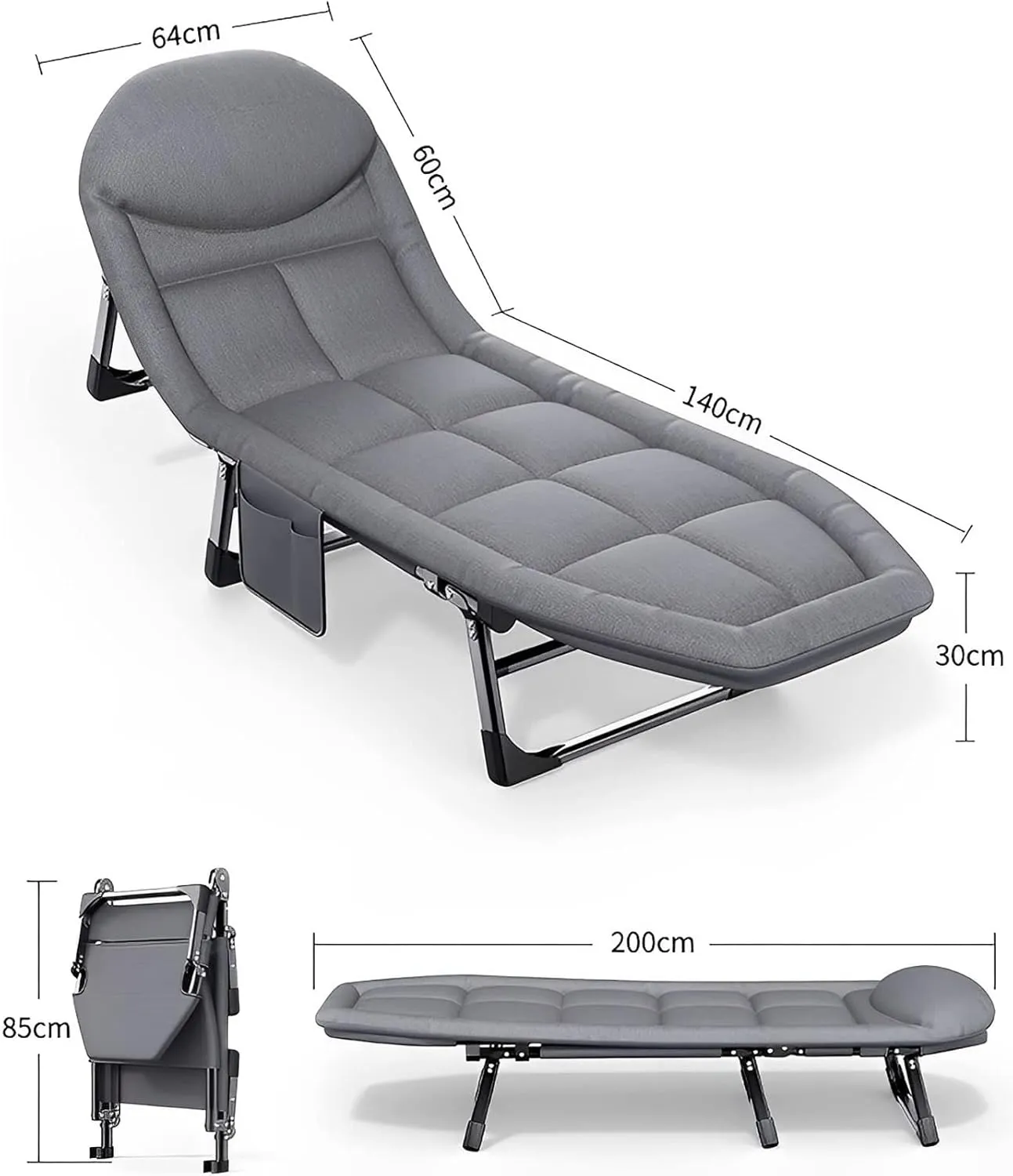 Folding Bed Cot with Mattress, Portable Lounge Chair Adjustable Recliner, Foldable Sleeping Cot Chair for Poolside Backyard and Beach (Color : Light Gray)