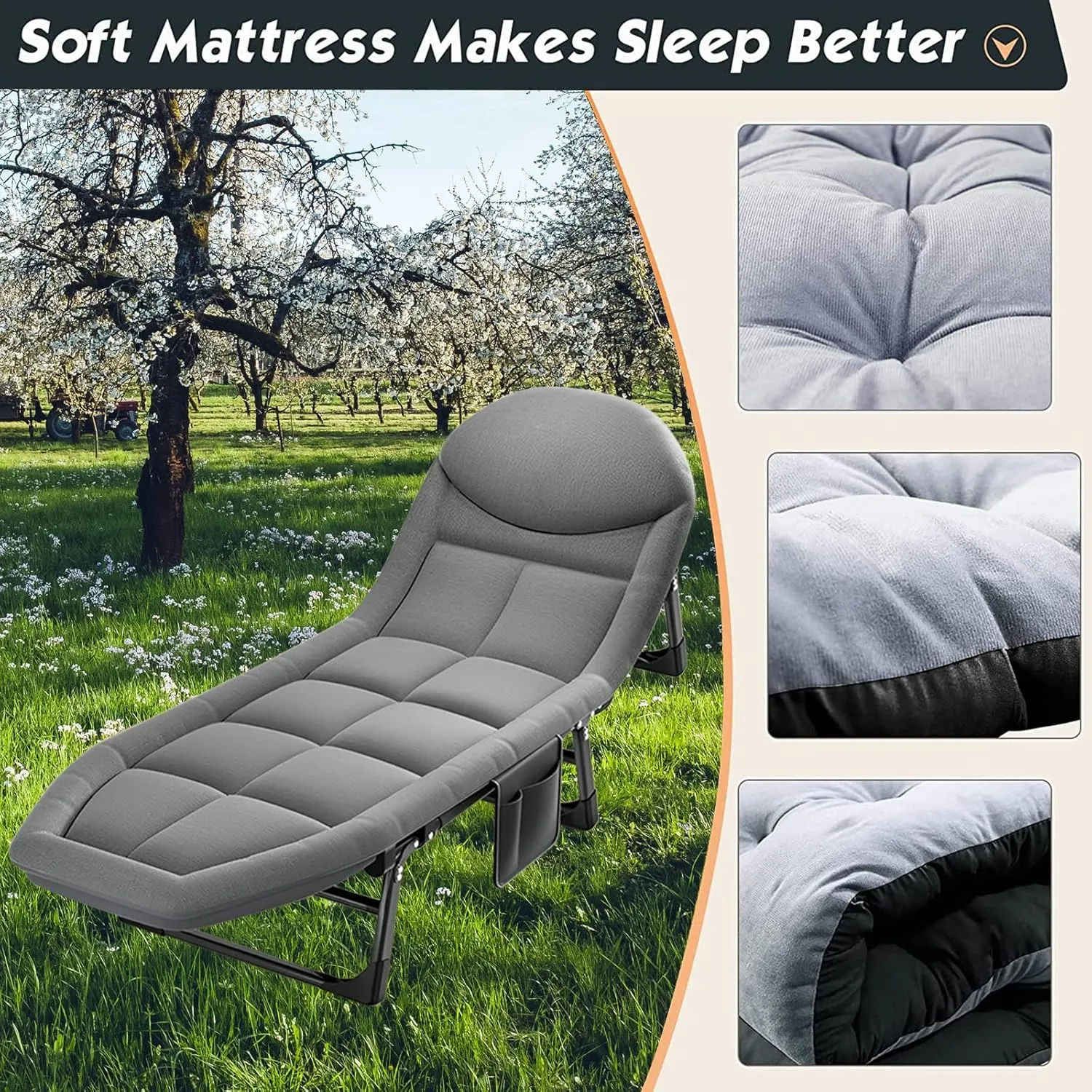 Folding Bed Cot with Mattress, Portable Lounge Chair Adjustable Recliner, Foldable Sleeping Cot Chair for Poolside Backyard and Beach (Color : Light Gray)