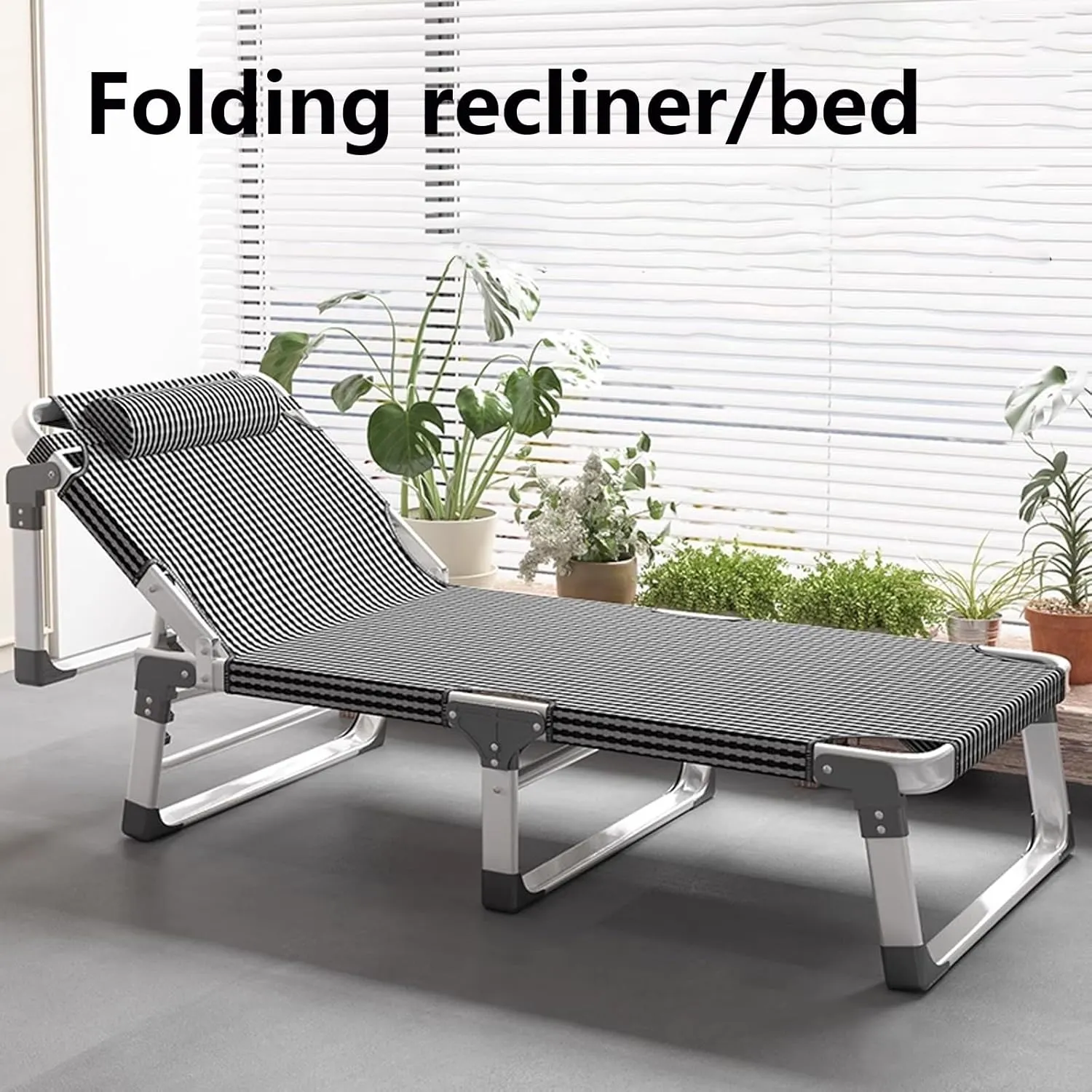 Folding Bed with PP Cotton Mattress for Adults, 5-Speed Backrest Adjustment Camping Cot with Headrest Spare Guest Beds, Versatility Reclining Beach Chair(Blue)