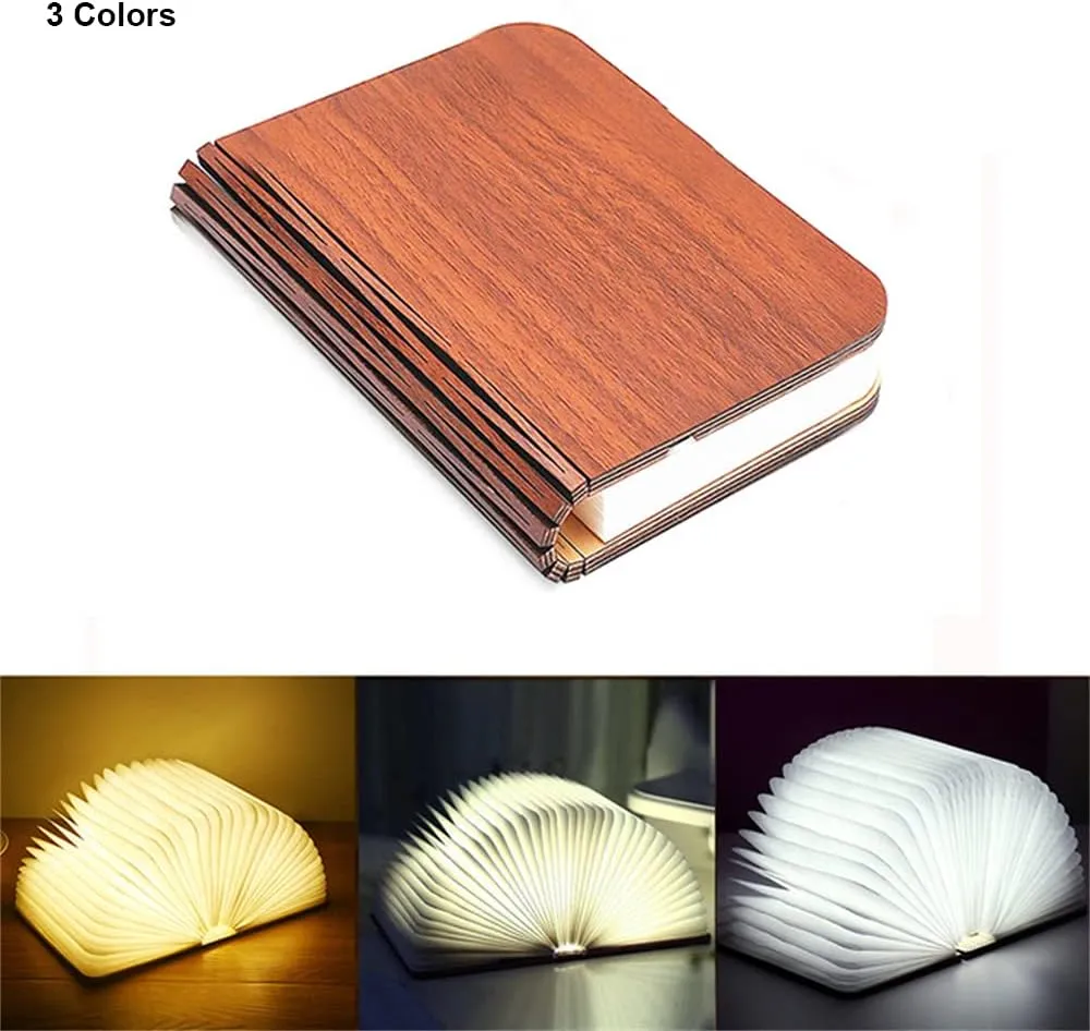 Folding Book Lamp Novelty Wooden Table Lamp Portable Desk Light LED Paper Lantern with USB Rechargeable for Gift Home Office Decor