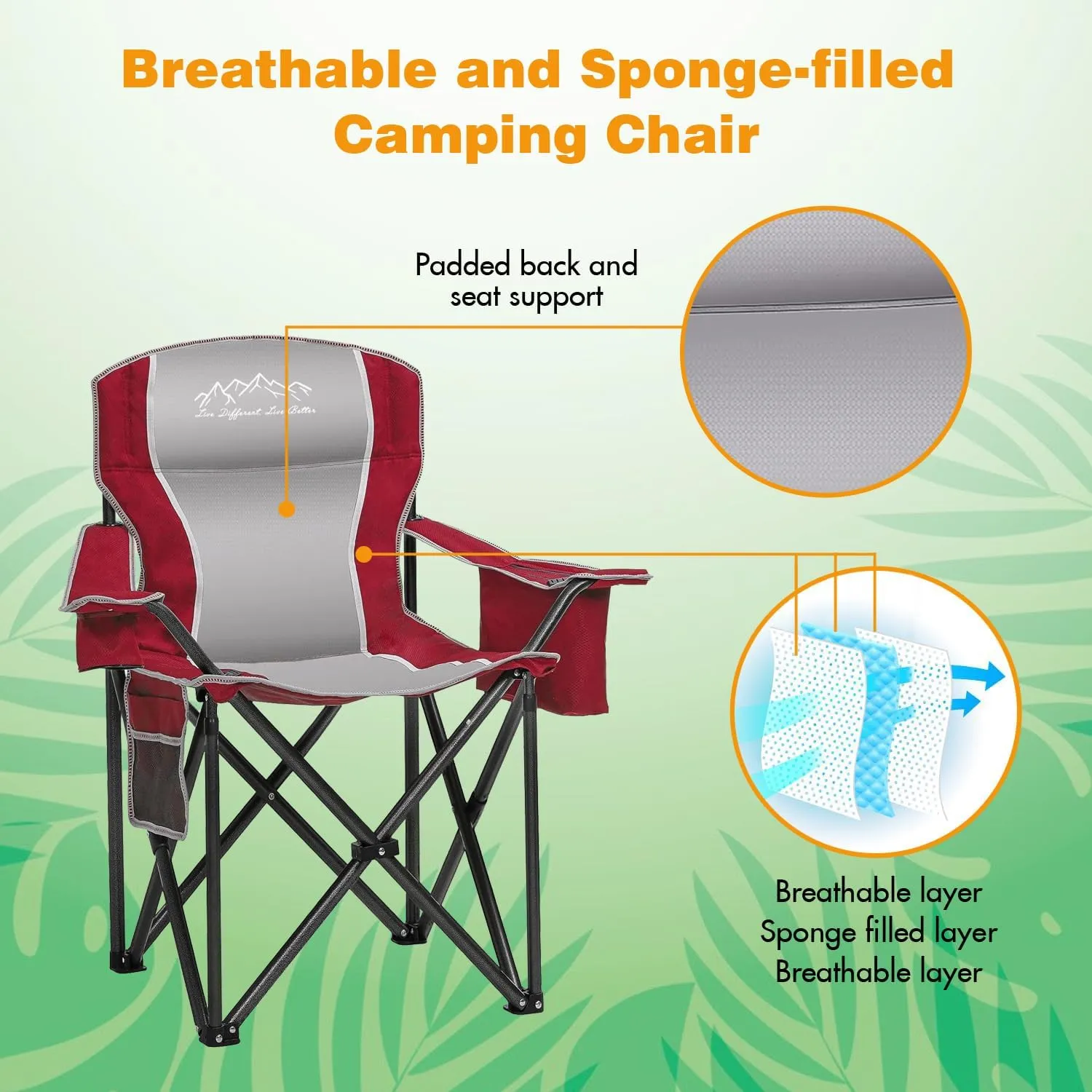 Folding Camping Chair Portable Outdoor Heavy Duty Padded Chairs Lawn Chair with Cup Holder, Storage Pocket and Cooler Bag, Supports 450LBS Red