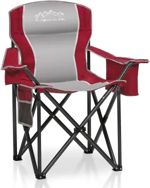 Folding Camping Chair Portable Outdoor Heavy Duty Padded Chairs Lawn Chair with Cup Holder, Storage Pocket and Cooler Bag, Supports 450LBS Red