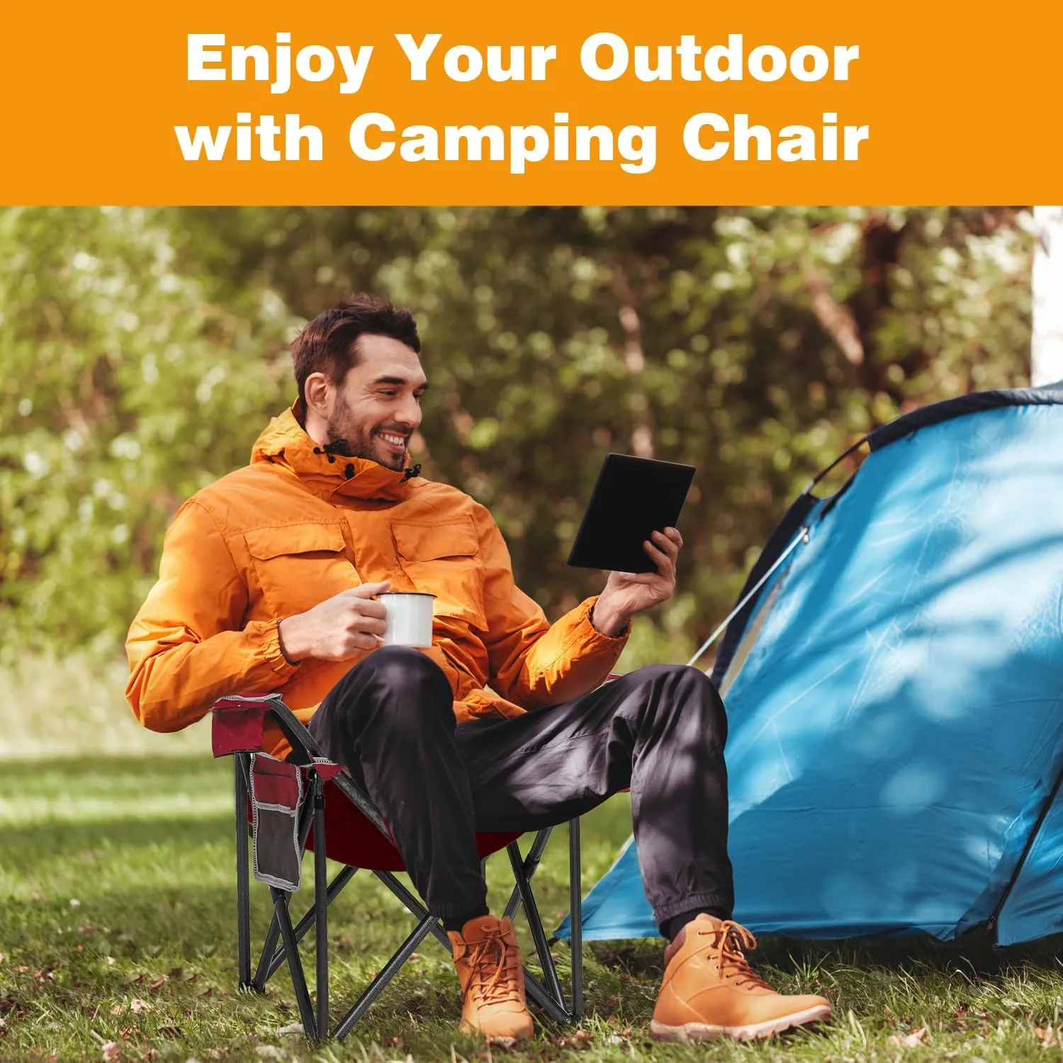 Folding Camping Chair Portable Outdoor Heavy Duty Padded Chairs Lawn Chair with Cup Holder, Storage Pocket and Cooler Bag, Supports 450LBS Red
