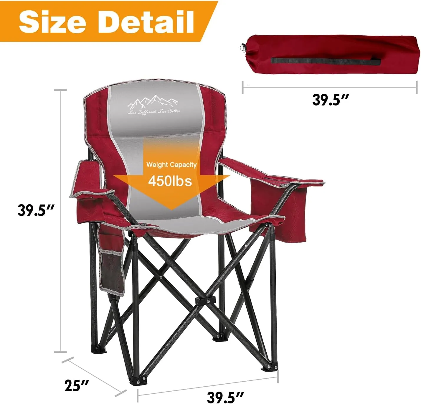 Folding Camping Chair Portable Outdoor Heavy Duty Padded Chairs Lawn Chair with Cup Holder, Storage Pocket and Cooler Bag, Supports 450LBS Red