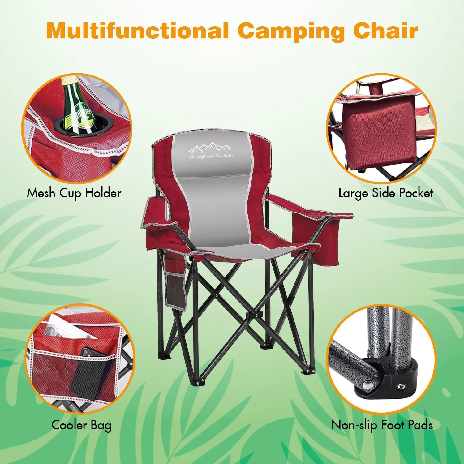 Folding Camping Chair Portable Outdoor Heavy Duty Padded Chairs Lawn Chair with Cup Holder, Storage Pocket and Cooler Bag, Supports 450LBS Red