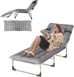 Folding Camping Cot for Adults, Double Layer 5-Position 500 LBS Lounge Chair for Sleeping, Heavy Duty Guest Cot with Mat for Indoor Outdoor,Grey