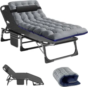 Folding Camping Cots Patio Lounge Chair with Mattress, 4-Position Adjustable, Blue-Velvet