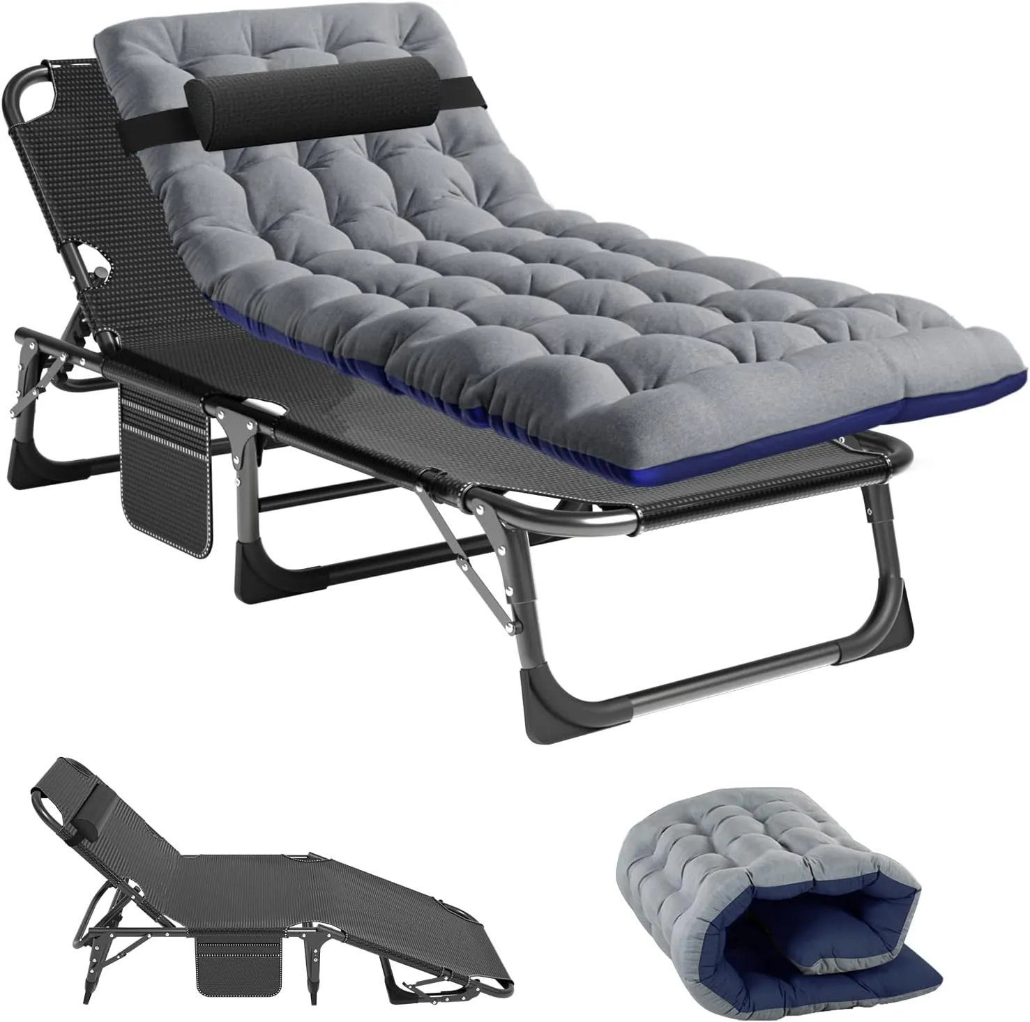 Folding Camping Cots Patio Lounge Chair with Mattress, 4-Position Adjustable, Blue-Velvet