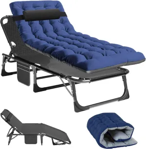 Folding Camping Cots Patio Lounge Chair with Mattress, 4 Position Adjustable Folding Sleeping Bed Patio Chaise Lounge Chairs for Sunbathing, Camping, Pool, Beach, Patio, Onesize