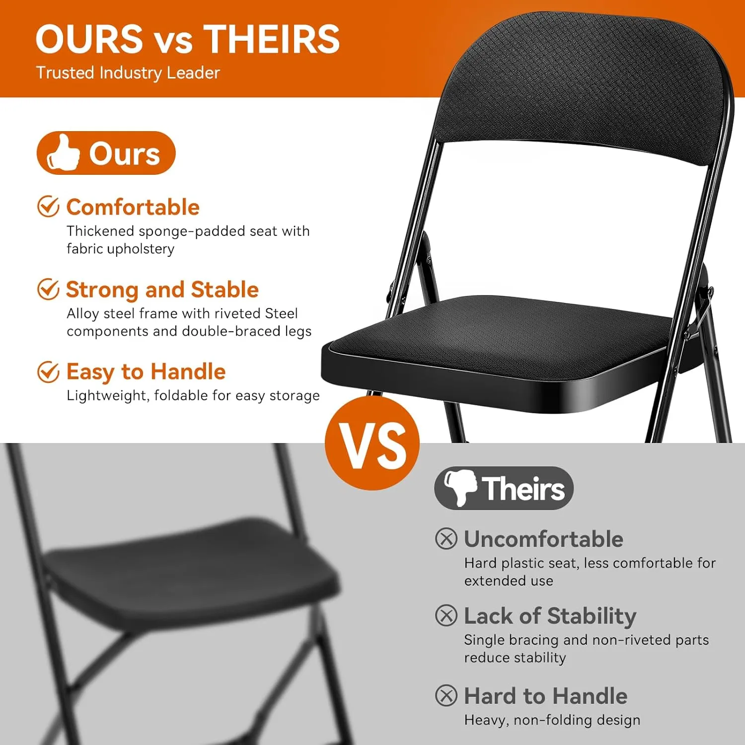Folding Chairs with Cushion 4 Pack - Black Fabric Padded Folding Chair with Steel Frame for Events Office Wedding Party, 330 Pound Capacity(Black, Fabric, Set of 4)