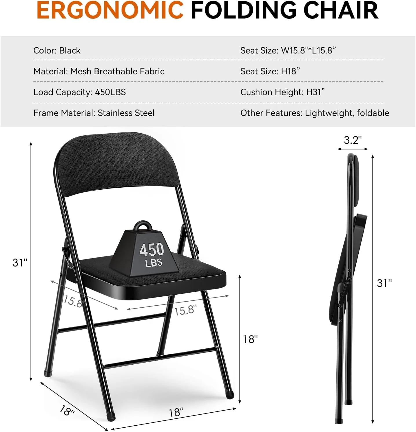Folding Chairs with Cushion 4 Pack - Black Fabric Padded Folding Chair with Steel Frame for Events Office Wedding Party, 330 Pound Capacity(Black, Fabric, Set of 4)