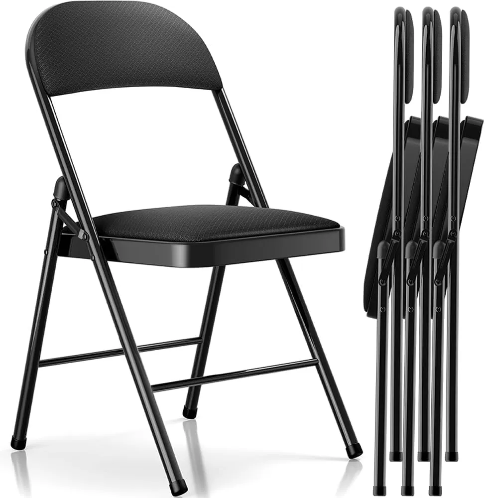 Folding Chairs with Cushion 4 Pack - Black Fabric Padded Folding Chair with Steel Frame for Events Office Wedding Party, 330 Pound Capacity(Black, Fabric, Set of 4)