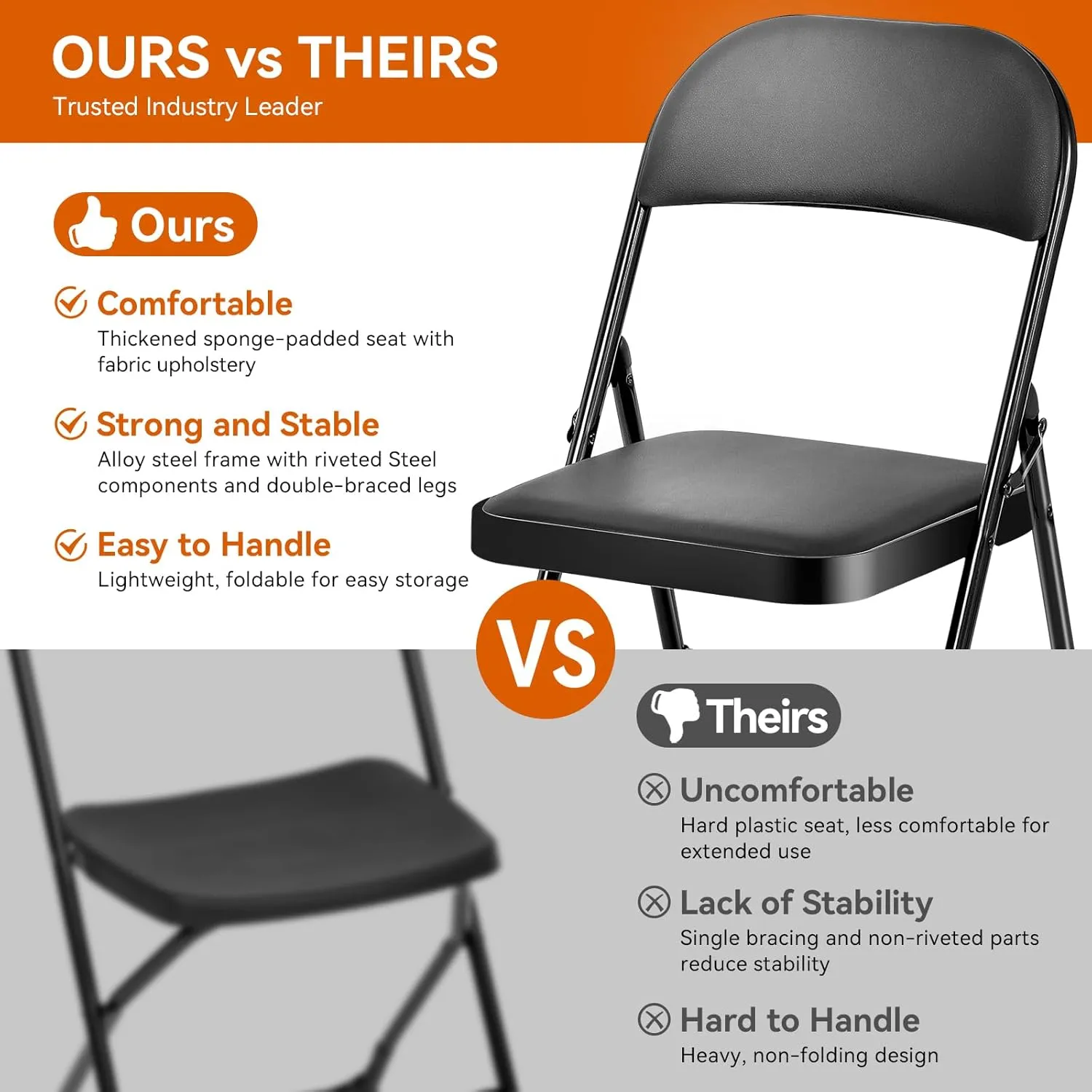 Folding Chairs with Padded Seats - 6 Pack Padded Folding Chair with Steel Frame for Home and Office, Indoor and Outdoor Events, 330 Pound Capacity (Black, Set of 6)