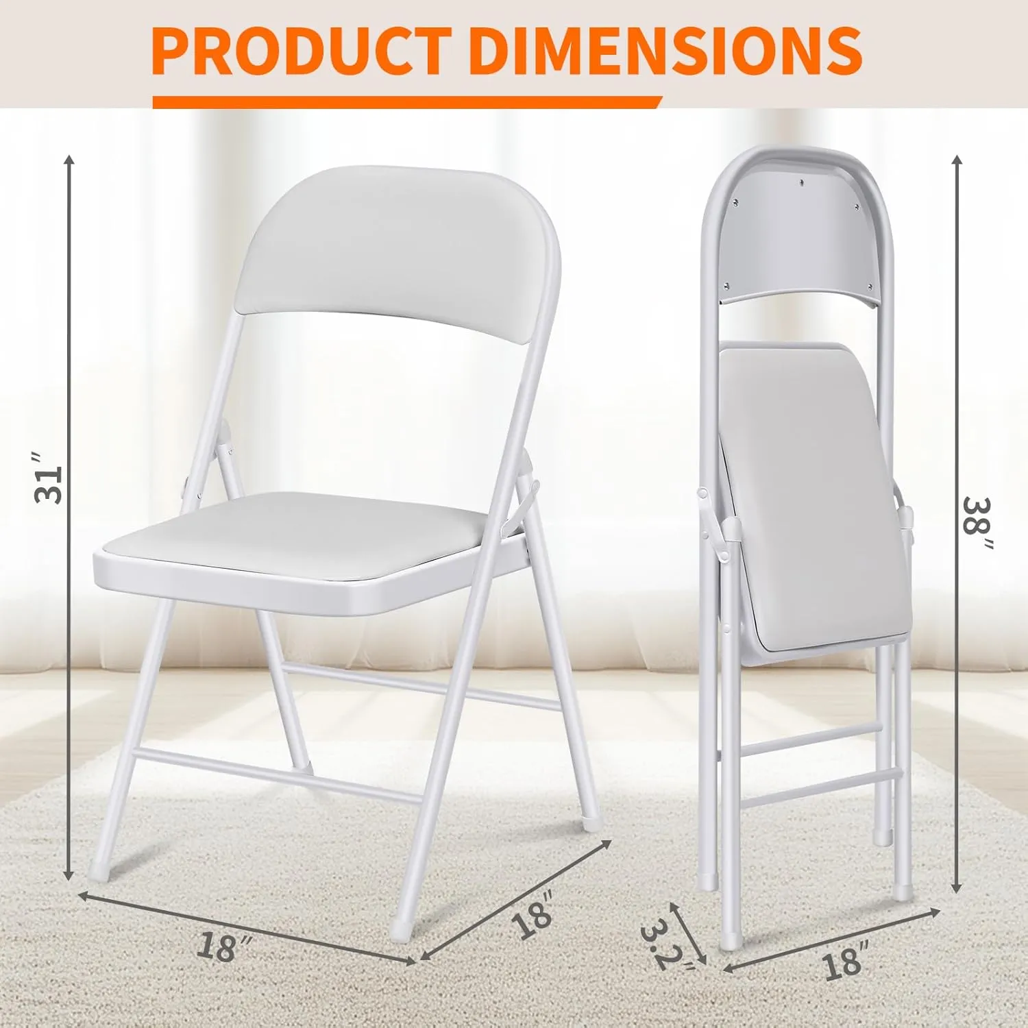 Folding Chairs with Padded Seats - 6 Pack Padded Folding Chair with Steel Frame for Home and Office, Indoor and Outdoor Events, 450 Pound Capacity (White, Set of 6)