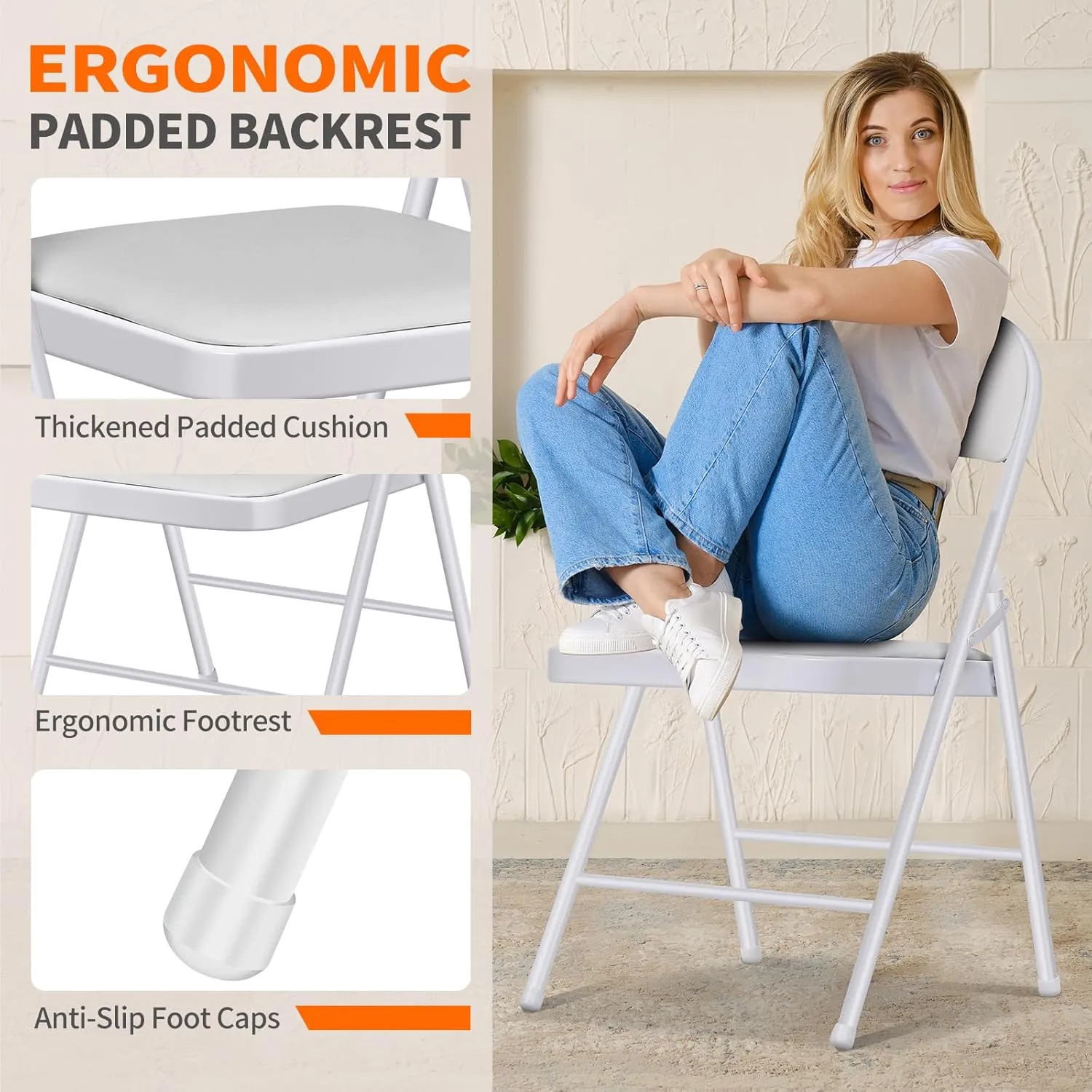 Folding Chairs with Padded Seats - 6 Pack Padded Folding Chair with Steel Frame for Home and Office, Indoor and Outdoor Events, 450 Pound Capacity (White, Set of 6)