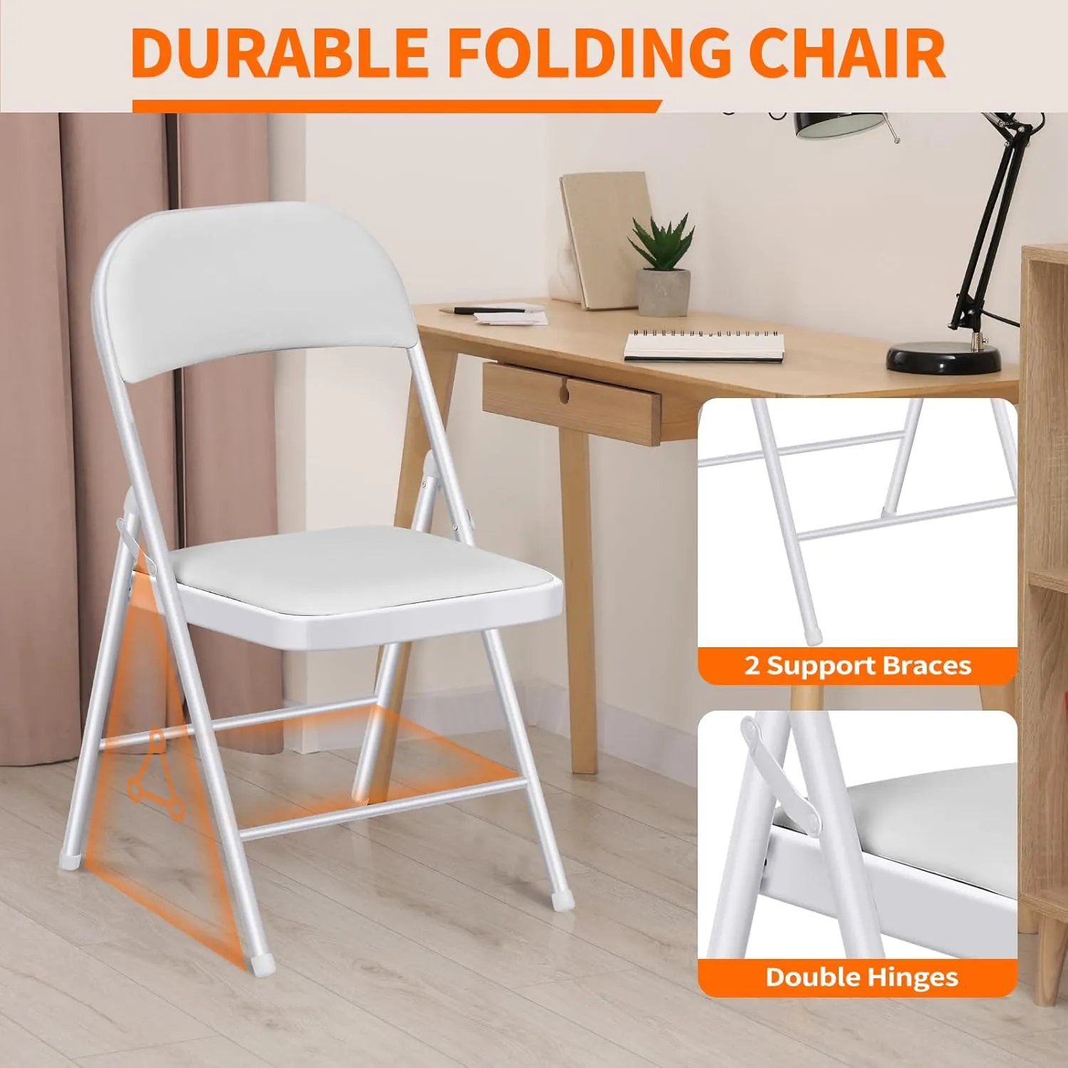 Folding Chairs with Padded Seats - 6 Pack Padded Folding Chair with Steel Frame for Home and Office, Indoor and Outdoor Events, 450 Pound Capacity (White, Set of 6)