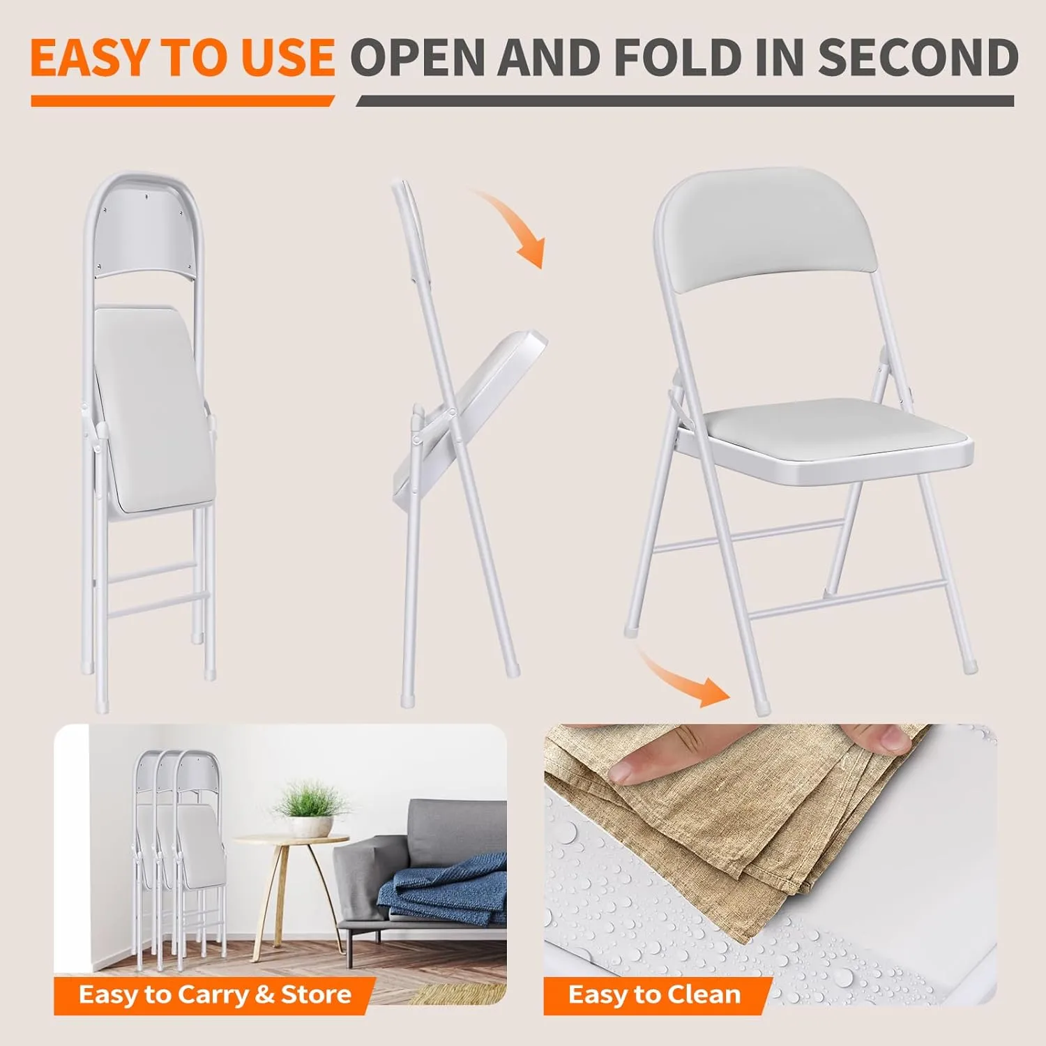 Folding Chairs with Padded Seats - 6 Pack Padded Folding Chair with Steel Frame for Home and Office, Indoor and Outdoor Events, 450 Pound Capacity (White, Set of 6)