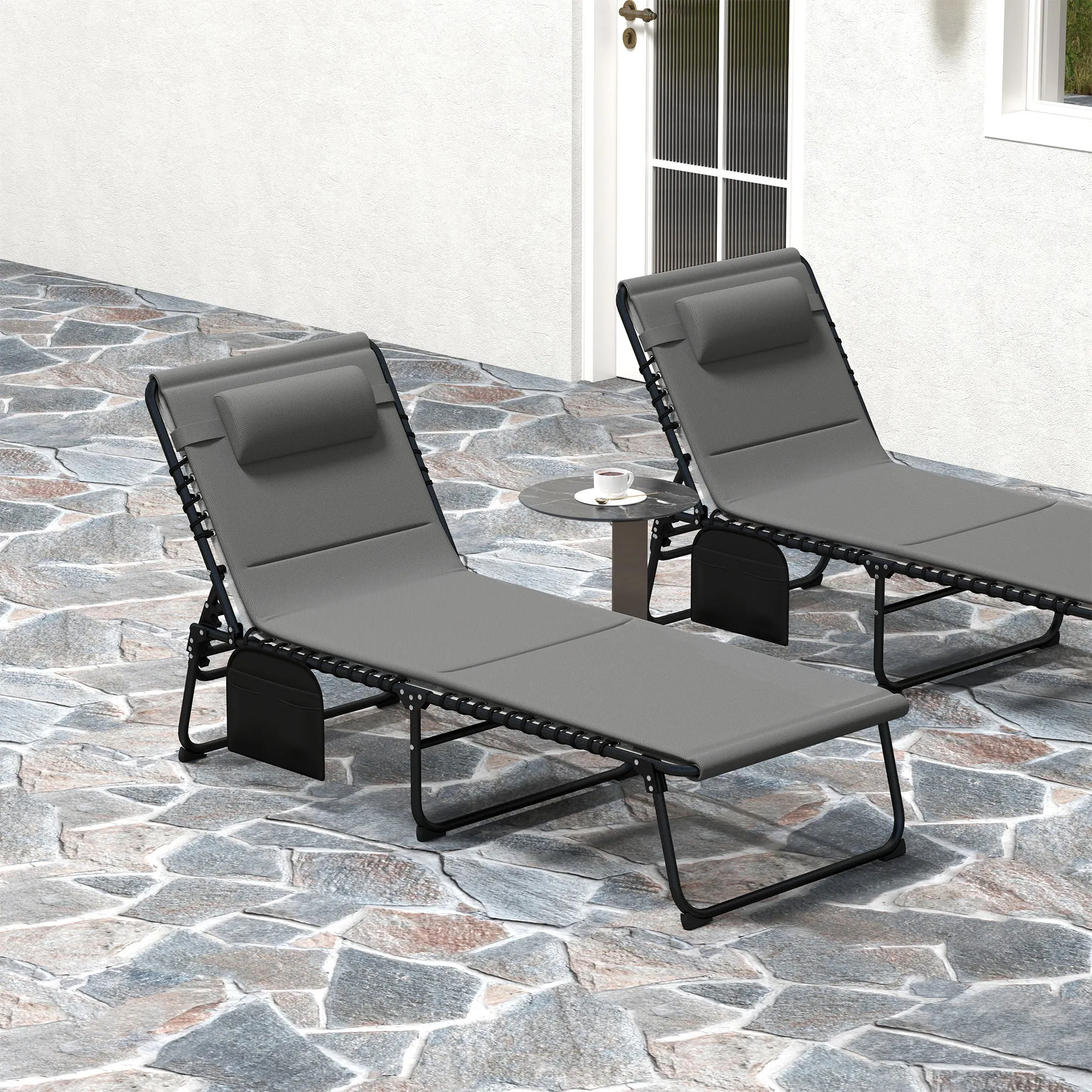 Folding Chaise Lounge Chair Set of 2, Reclining Outdoor Lounge Chair Set with Quick Drying Pad Headrest Side Pocket, Tanning Chair Set for Beach Garden Pool, Light Grey