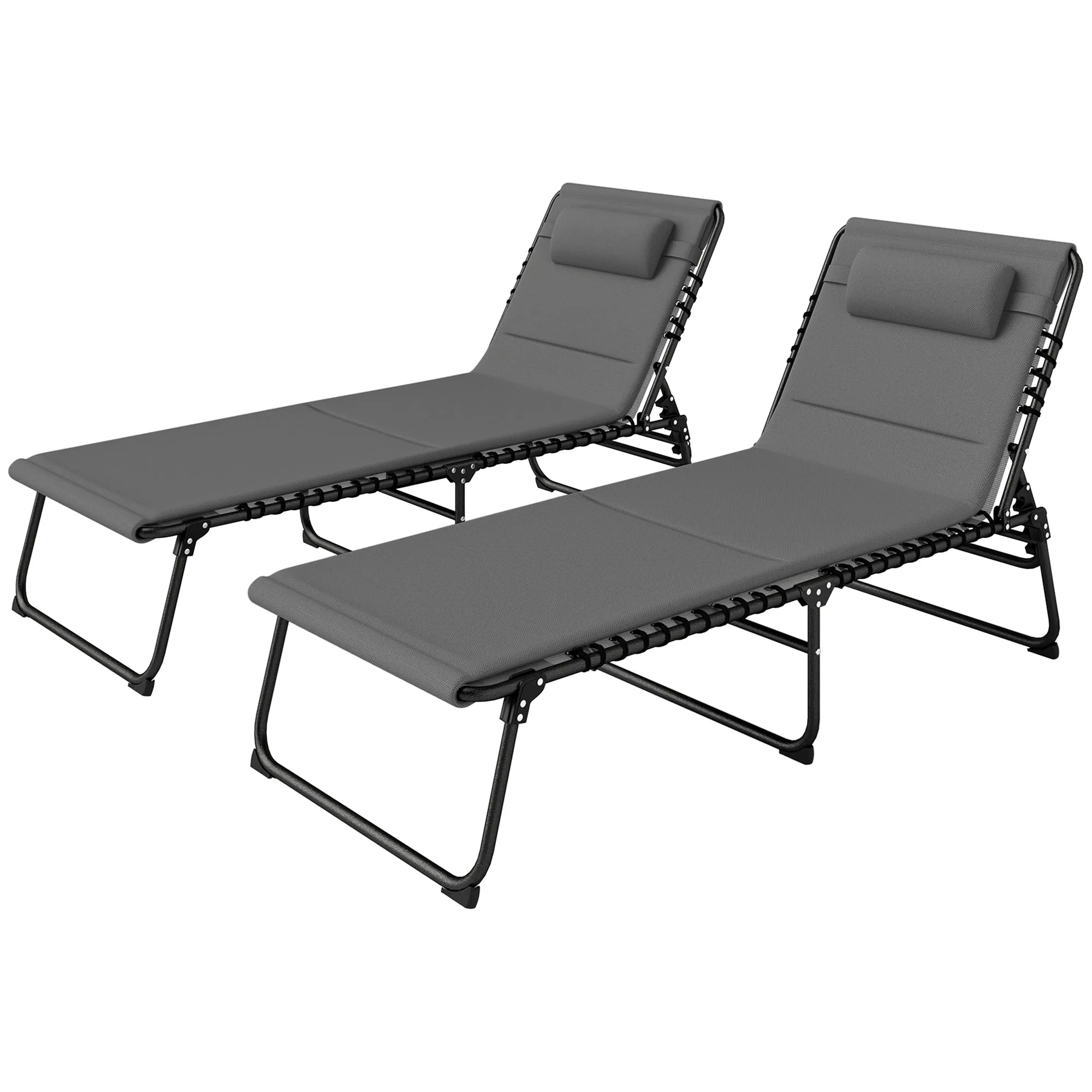 Folding Chaise Lounge Chair Set of 2, Reclining Outdoor Lounge Chair Set with Quick Drying Pad Headrest Side Pocket, Tanning Chair Set for Beach Garden Pool, Light Grey