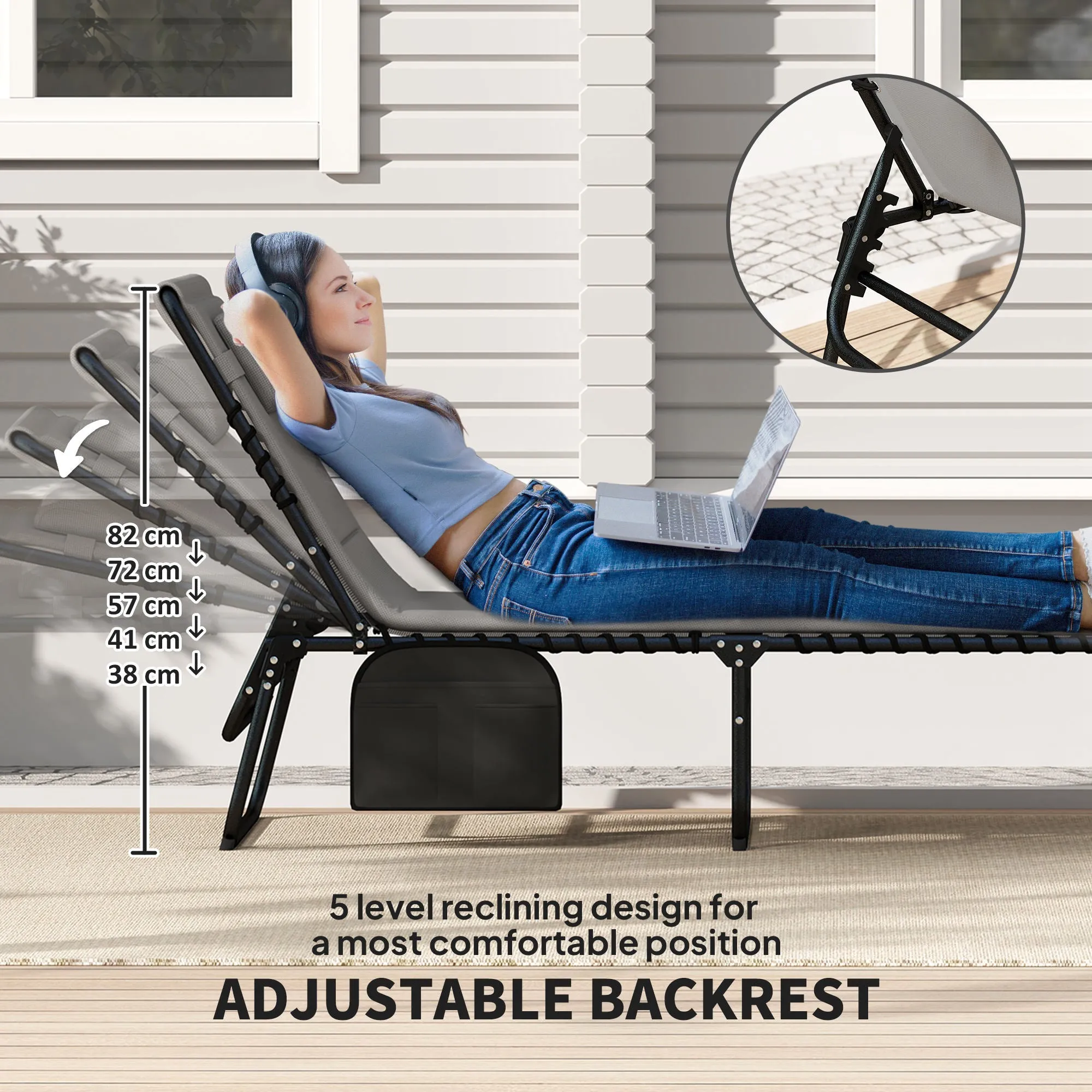 Folding Chaise Lounge Chair Set of 2, Reclining Outdoor Lounge Chair Set with Quick Drying Pad Headrest Side Pocket, Tanning Chair Set for Beach Garden Pool, Light Grey