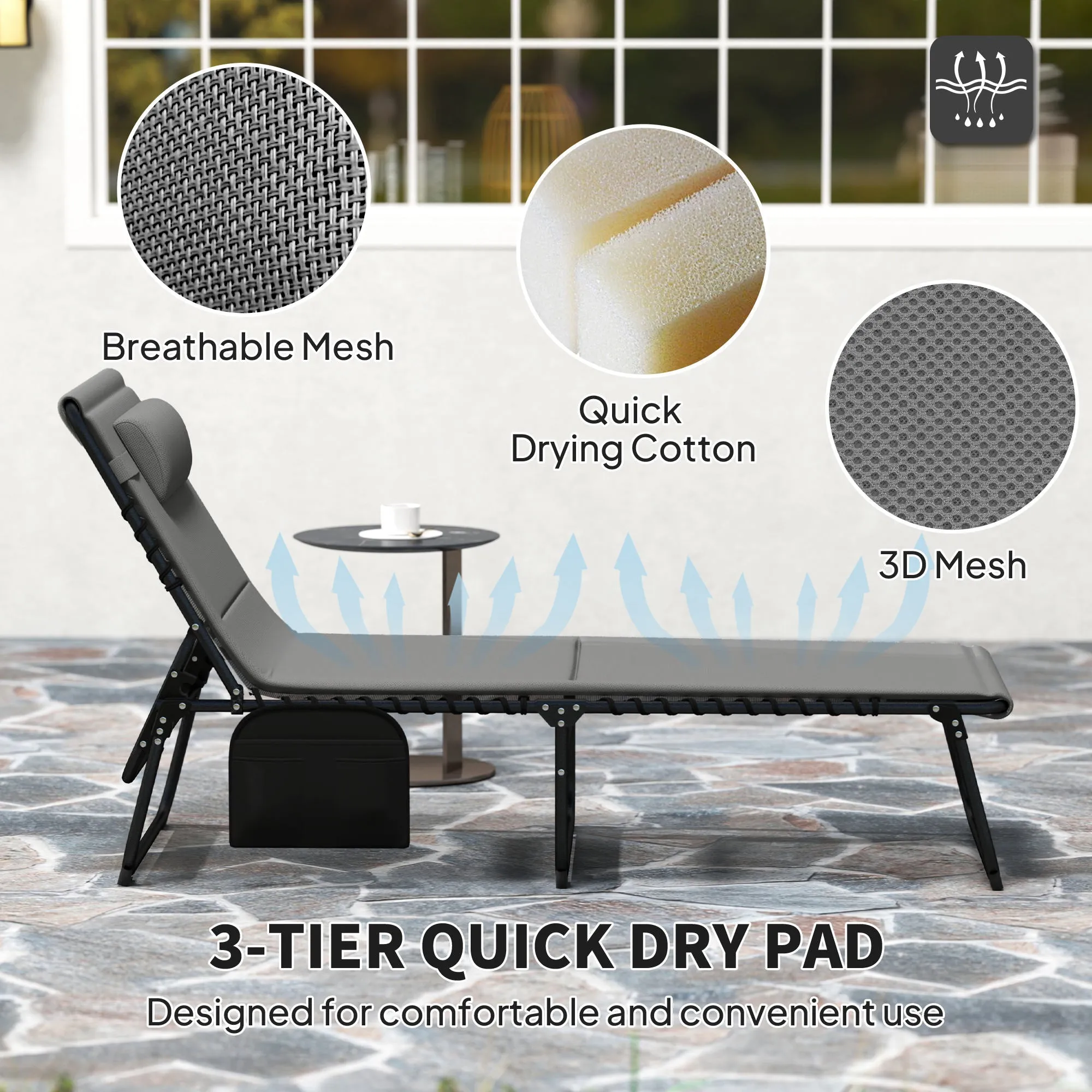 Folding Chaise Lounge Chair Set of 2, Reclining Outdoor Lounge Chair Set with Quick Drying Pad Headrest Side Pocket, Tanning Chair Set for Beach Garden Pool, Light Grey
