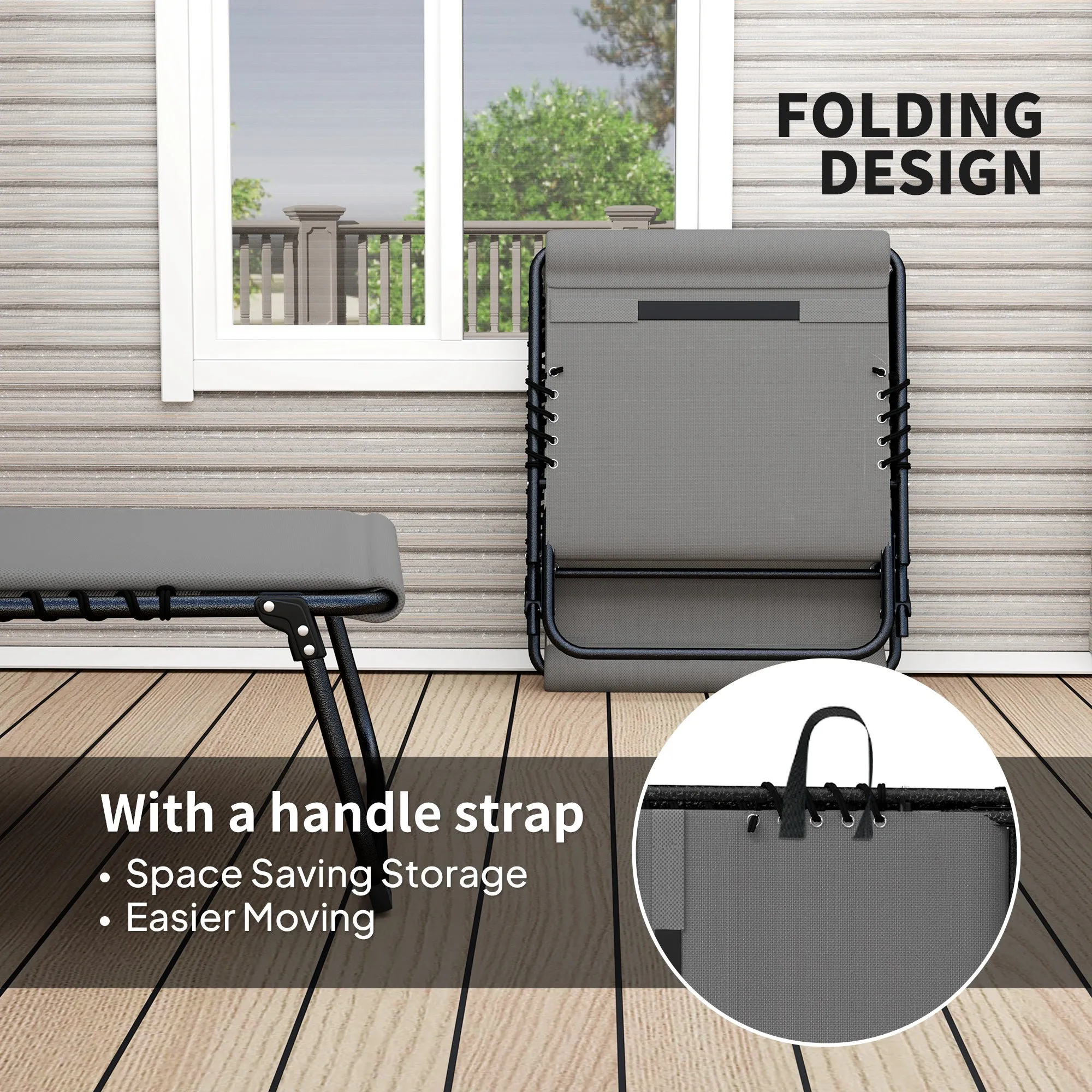 Folding Chaise Lounge Chair Set of 2, Reclining Outdoor Lounge Chair Set with Quick Drying Pad Headrest Side Pocket, Tanning Chair Set for Beach Garden Pool, Light Grey
