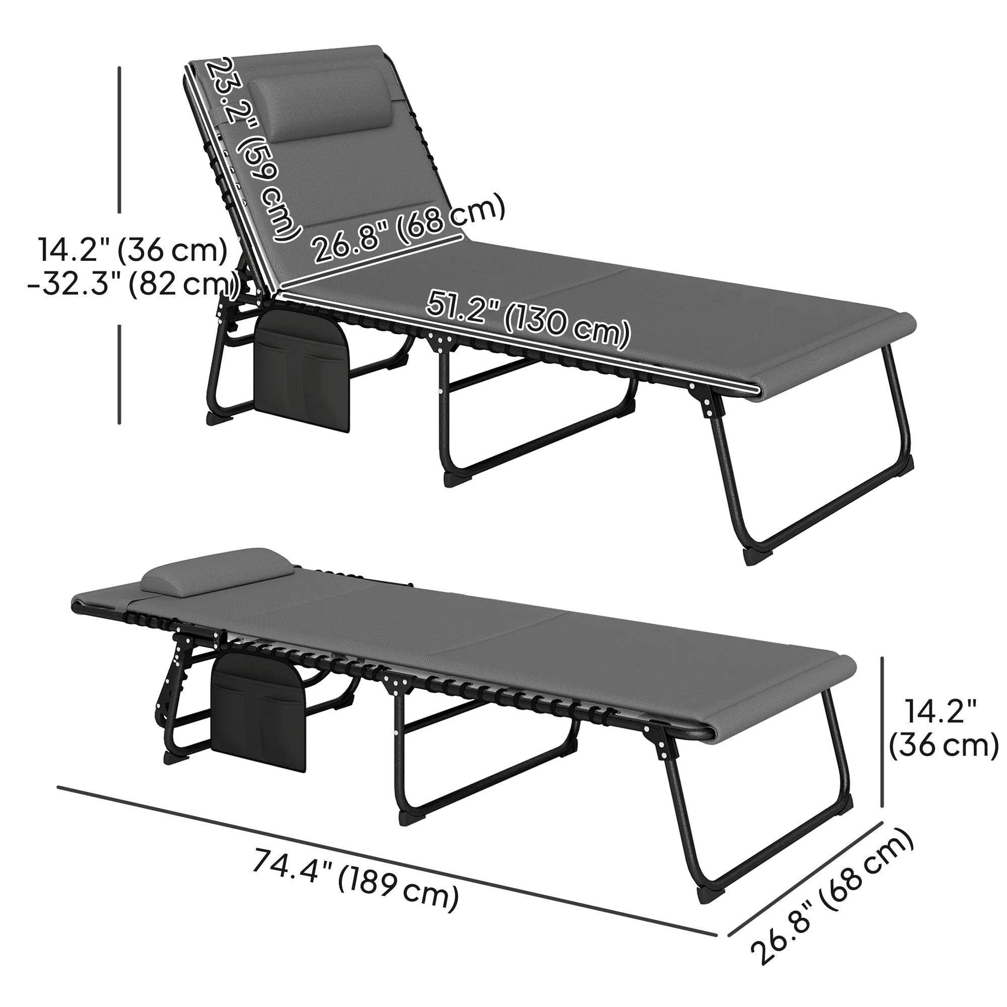Folding Chaise Lounge Chair Set of 2, Reclining Outdoor Lounge Chair Set with Quick Drying Pad Headrest Side Pocket, Tanning Chair Set for Beach Garden Pool, Light Grey
