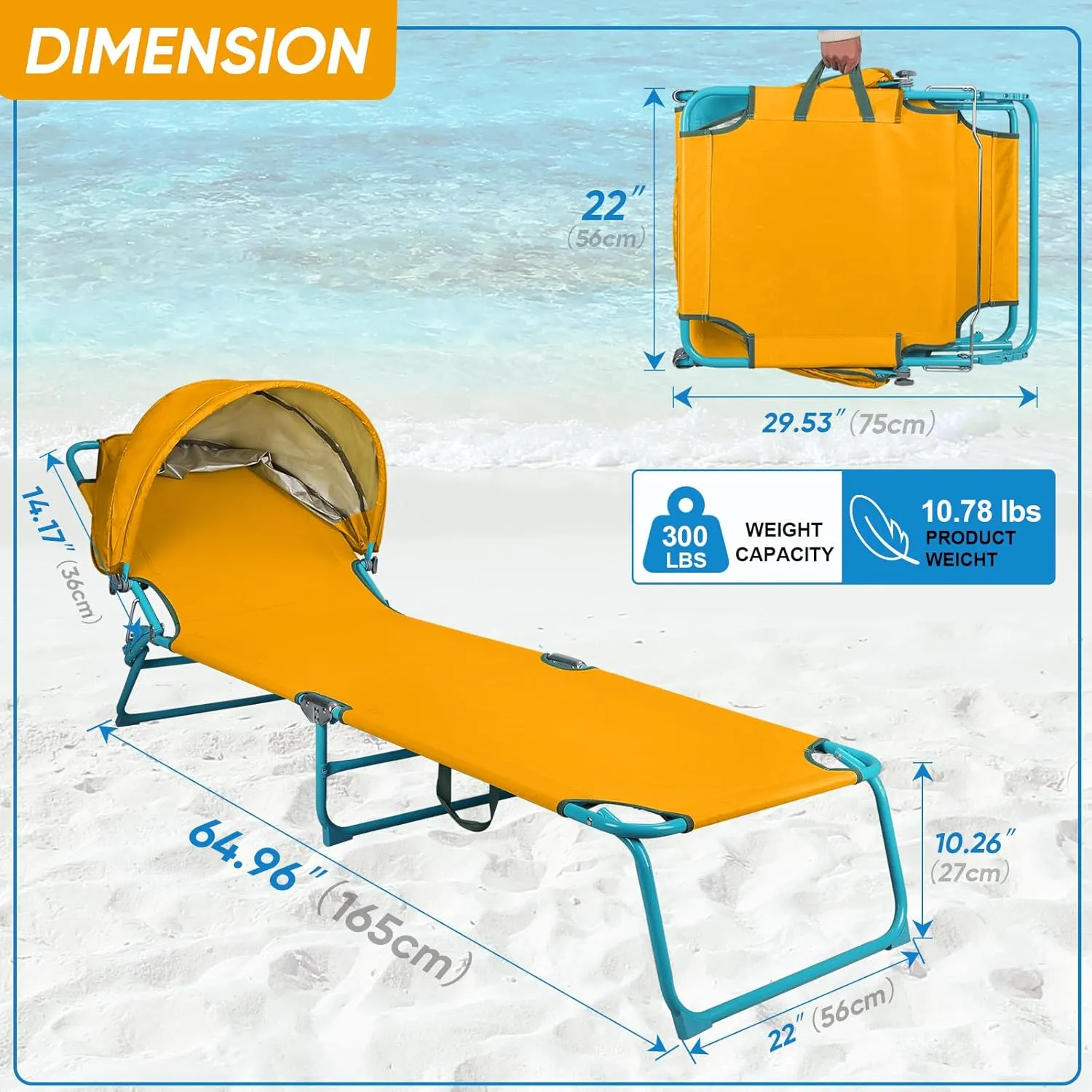 Folding Chaise Lounge Chairs with Canopy Sunshade,2 Pack Adjustable Sun Tanning Chair,Outdoor Heavy-Duty Beach Sunbathing Chair with Reclining Back,for Outside Patio Pool Beach,Yellow