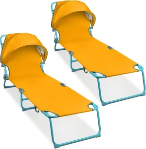 Folding Chaise Lounge Chairs with Canopy Sunshade,2 Pack Adjustable Sun Tanning Chair,Outdoor Heavy-Duty Beach Sunbathing Chair with Reclining Back,for Outside Patio Pool Beach,Yellow