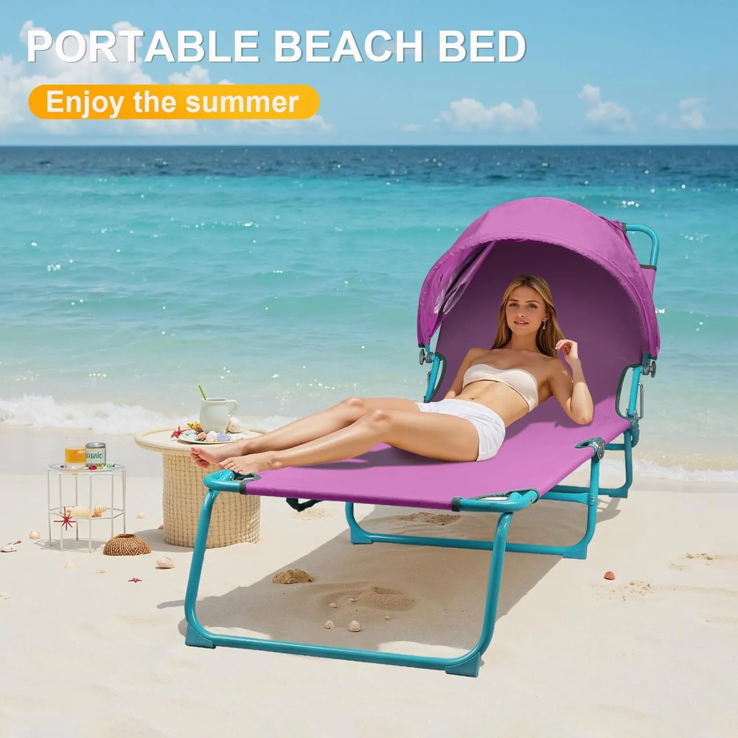 Folding Chaise Lounge Chairs with Canopy Sunshade,Adjustable Sun Tanning Chair,Outdoor Heavy-Duty Beach Sunbathing Chair with Reclining Back,for Outside Patio Pool Beach,Purple