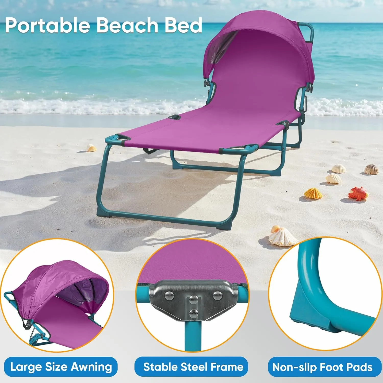 Folding Chaise Lounge Chairs with Canopy Sunshade,Adjustable Sun Tanning Chair,Outdoor Heavy-Duty Beach Sunbathing Chair with Reclining Back,for Outside Patio Pool Beach,Purple