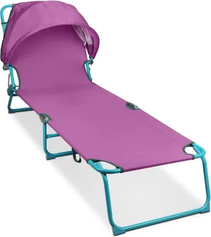 Folding Chaise Lounge Chairs with Canopy Sunshade,Adjustable Sun Tanning Chair,Outdoor Heavy-Duty Beach Sunbathing Chair with Reclining Back,for Outside Patio Pool Beach,Purple