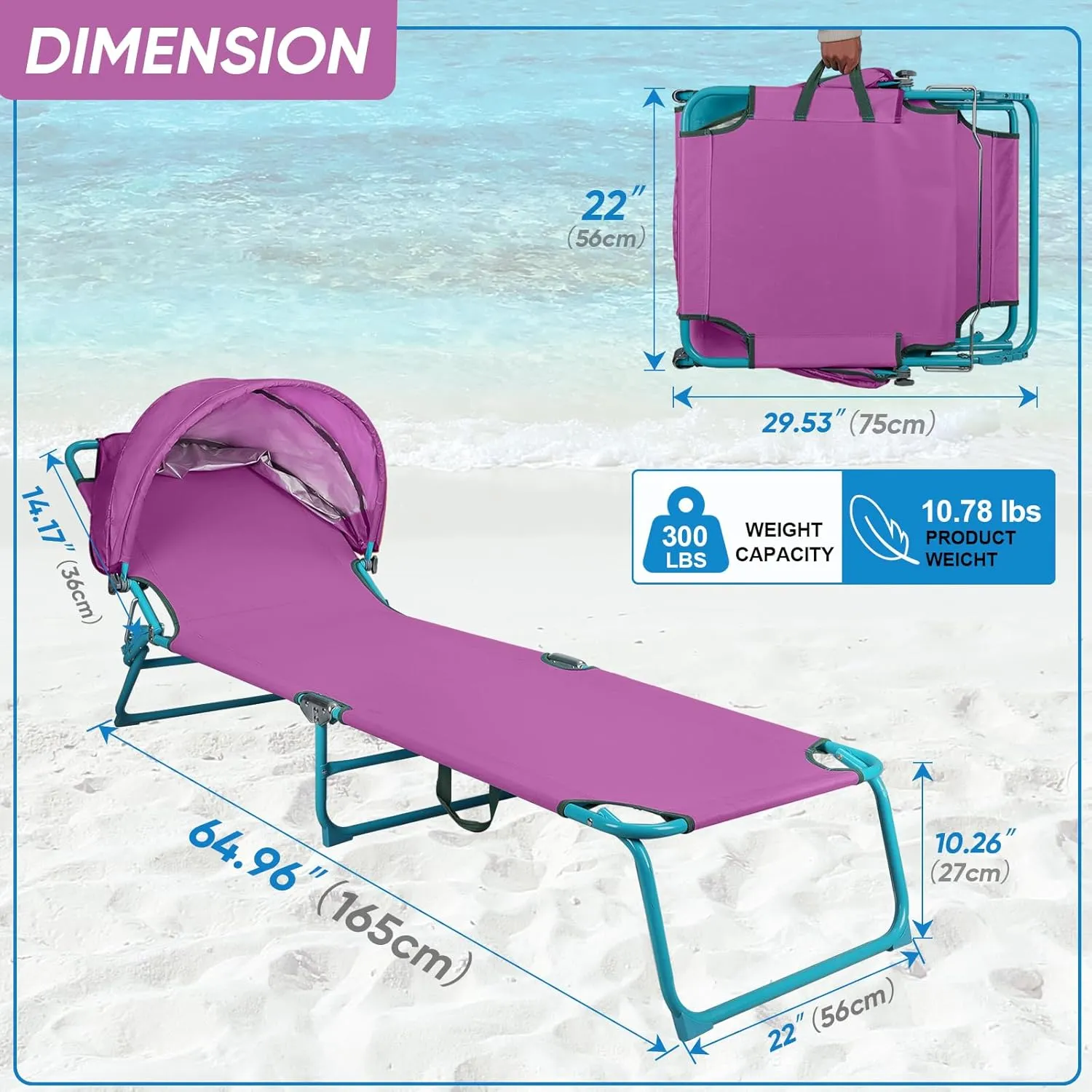 Folding Chaise Lounge Chairs with Canopy Sunshade,Adjustable Sun Tanning Chair,Outdoor Heavy-Duty Beach Sunbathing Chair with Reclining Back,for Outside Patio Pool Beach,Purple
