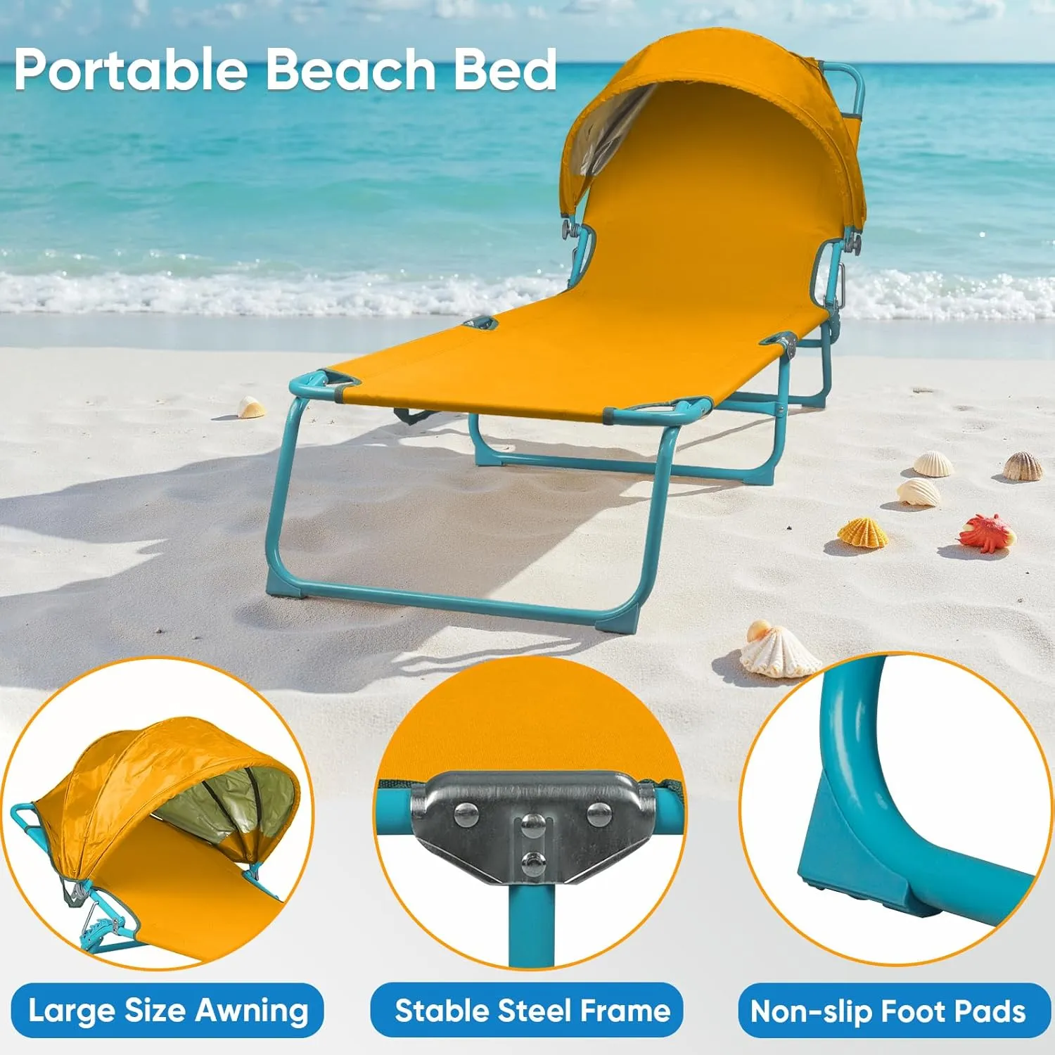 Folding Chaise Lounge Chairs with Canopy Sunshade,Adjustable Sun Tanning Chair,Outdoor Heavy-Duty Beach Sunbathing Chair with Reclining Back,for Outside Patio Pool Beach,Yellow