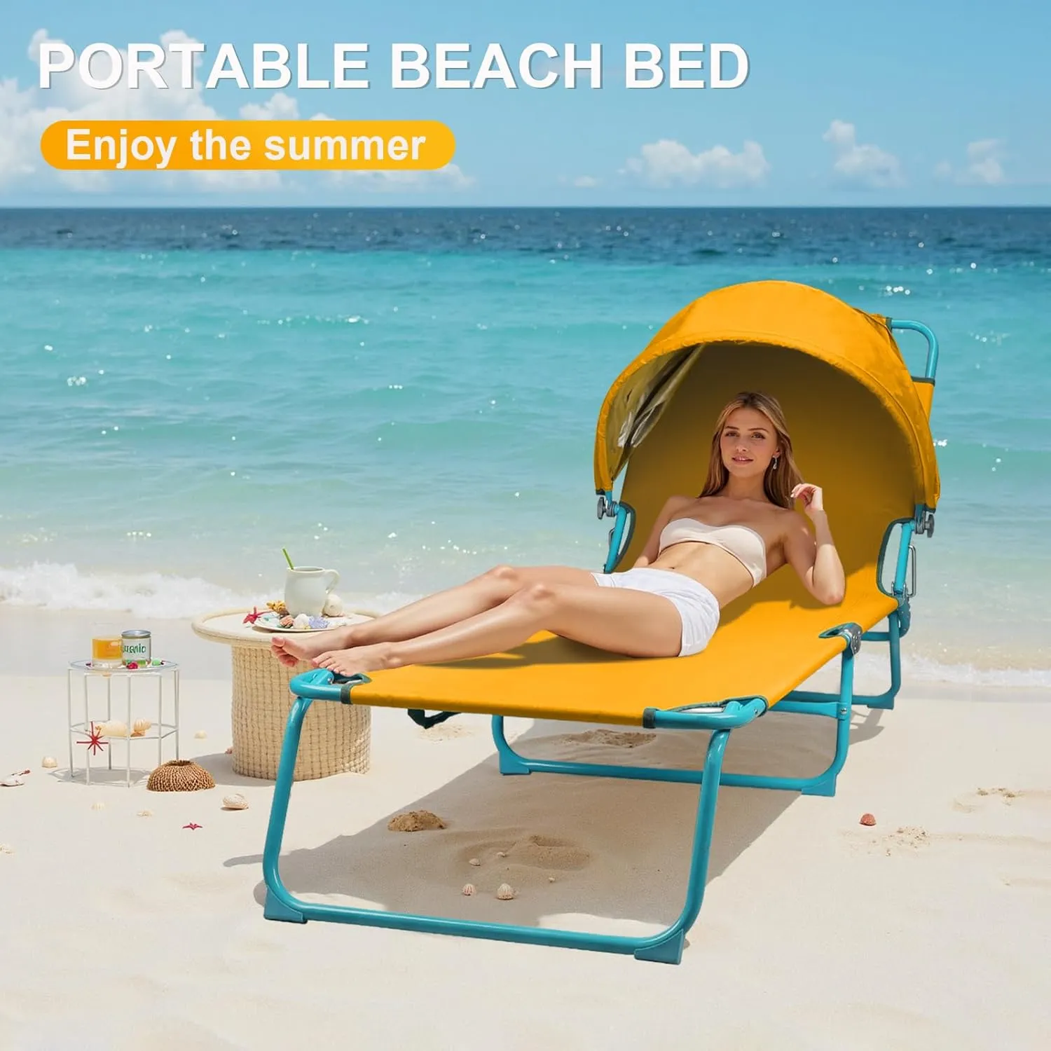 Folding Chaise Lounge Chairs with Canopy Sunshade,Adjustable Sun Tanning Chair,Outdoor Heavy-Duty Beach Sunbathing Chair with Reclining Back,for Outside Patio Pool Beach,Yellow