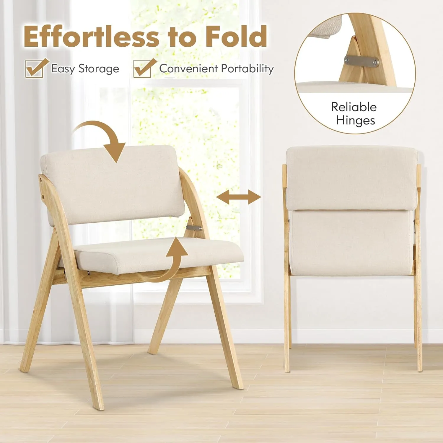 Folding Dining Chairs Set of 2, Farmhouse Upholstered Accent Chair with Non-Assembly Design, Padded Seat & Cushion Backrest, Portable Wood Kitchen Chairs for Party, Picnic & Home Office