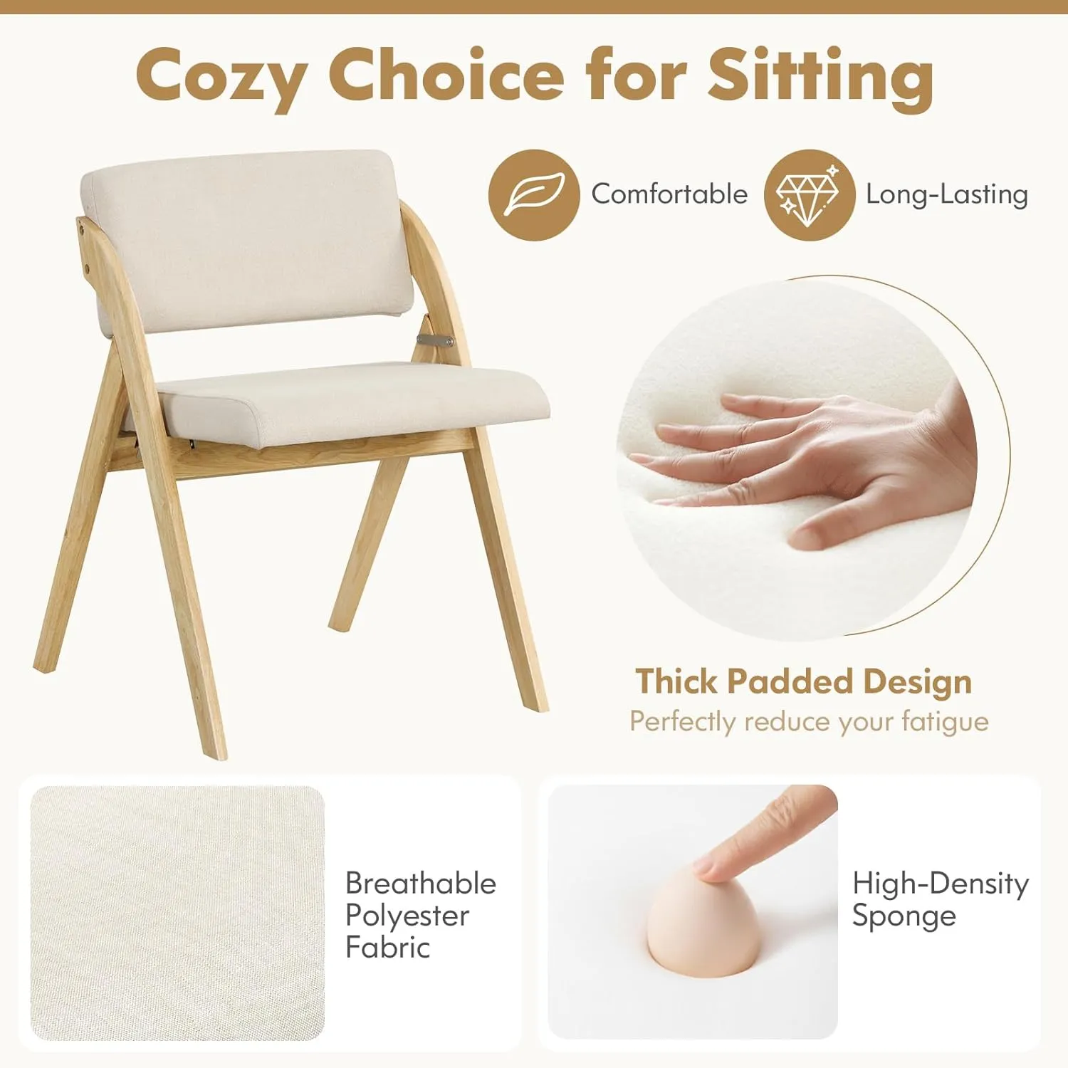 Folding Dining Chairs Set of 2, Farmhouse Upholstered Accent Chair with Non-Assembly Design, Padded Seat & Cushion Backrest, Portable Wood Kitchen Chairs for Party, Picnic & Home Office